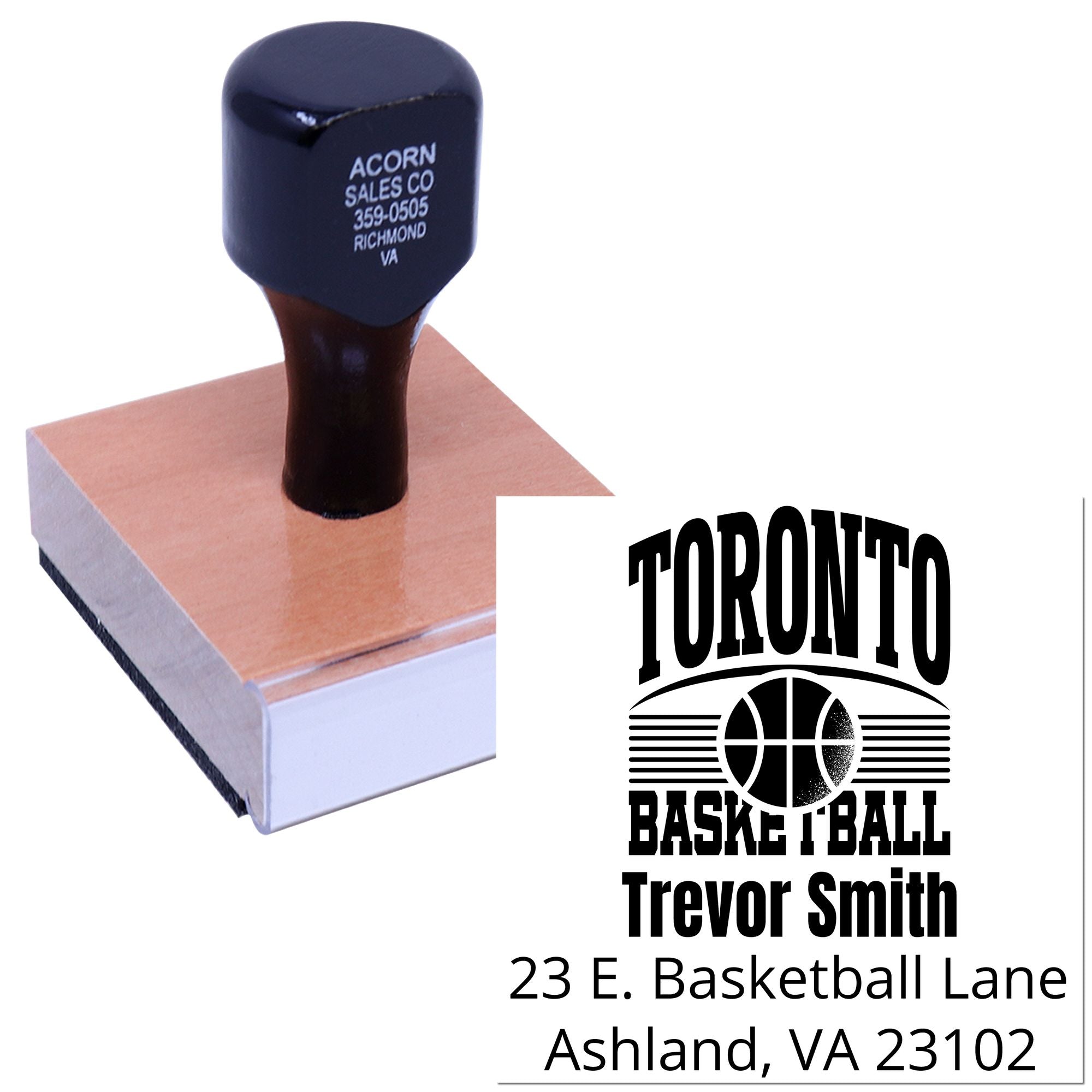 Custom basketball return address rubber stamp with Toronto logo, name, and mailing address for personalized sports mail.