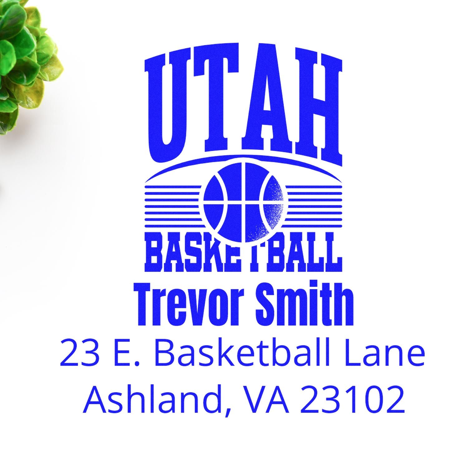 Utah basketball custom rubber stamp for Trevor Smith, 23 E. Basketball Lane, Ashland, VA 23102.
