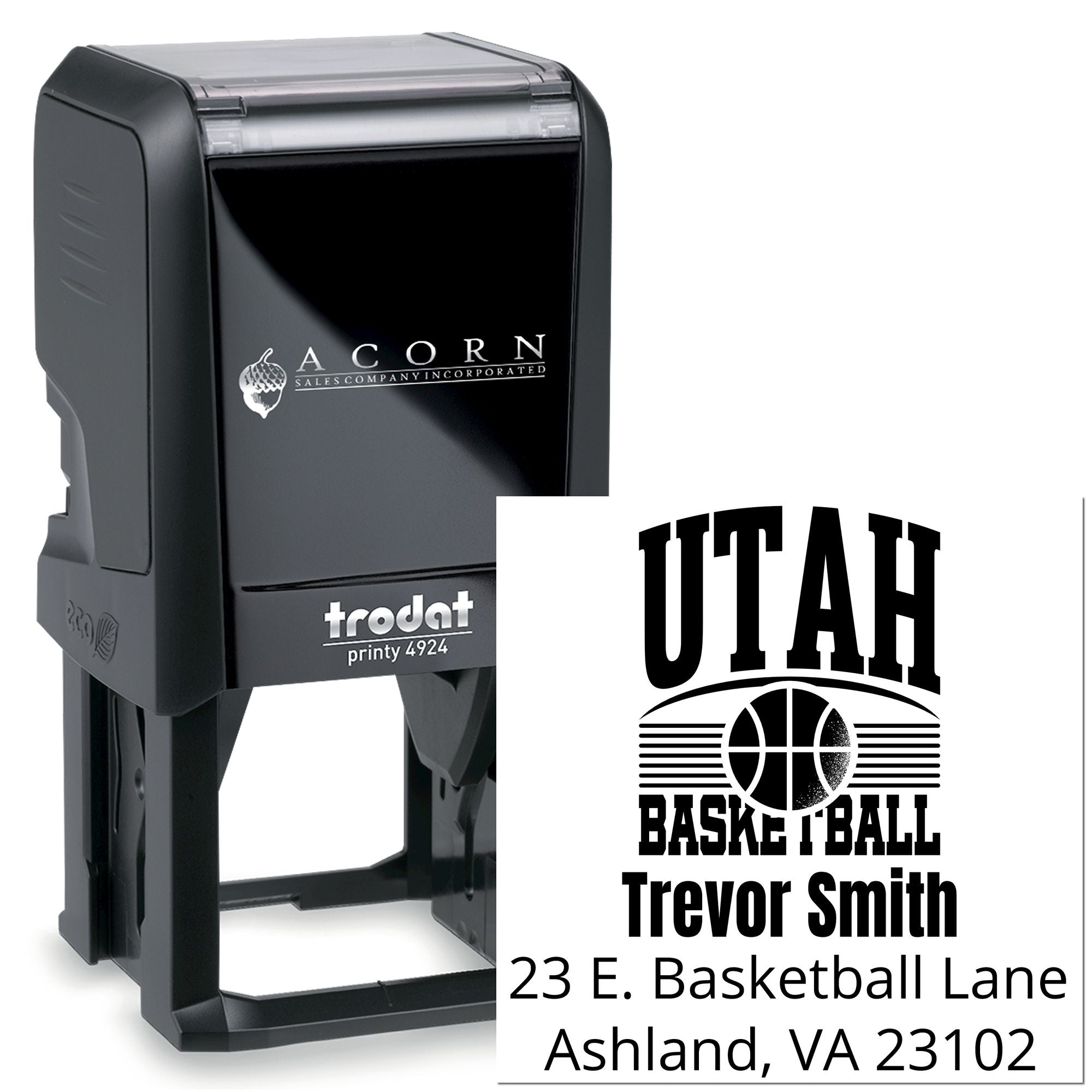 Custom self-inking rubber address stamp for Utah Basketball fan, featuring Trevor Smith and Ashland, VA return address.