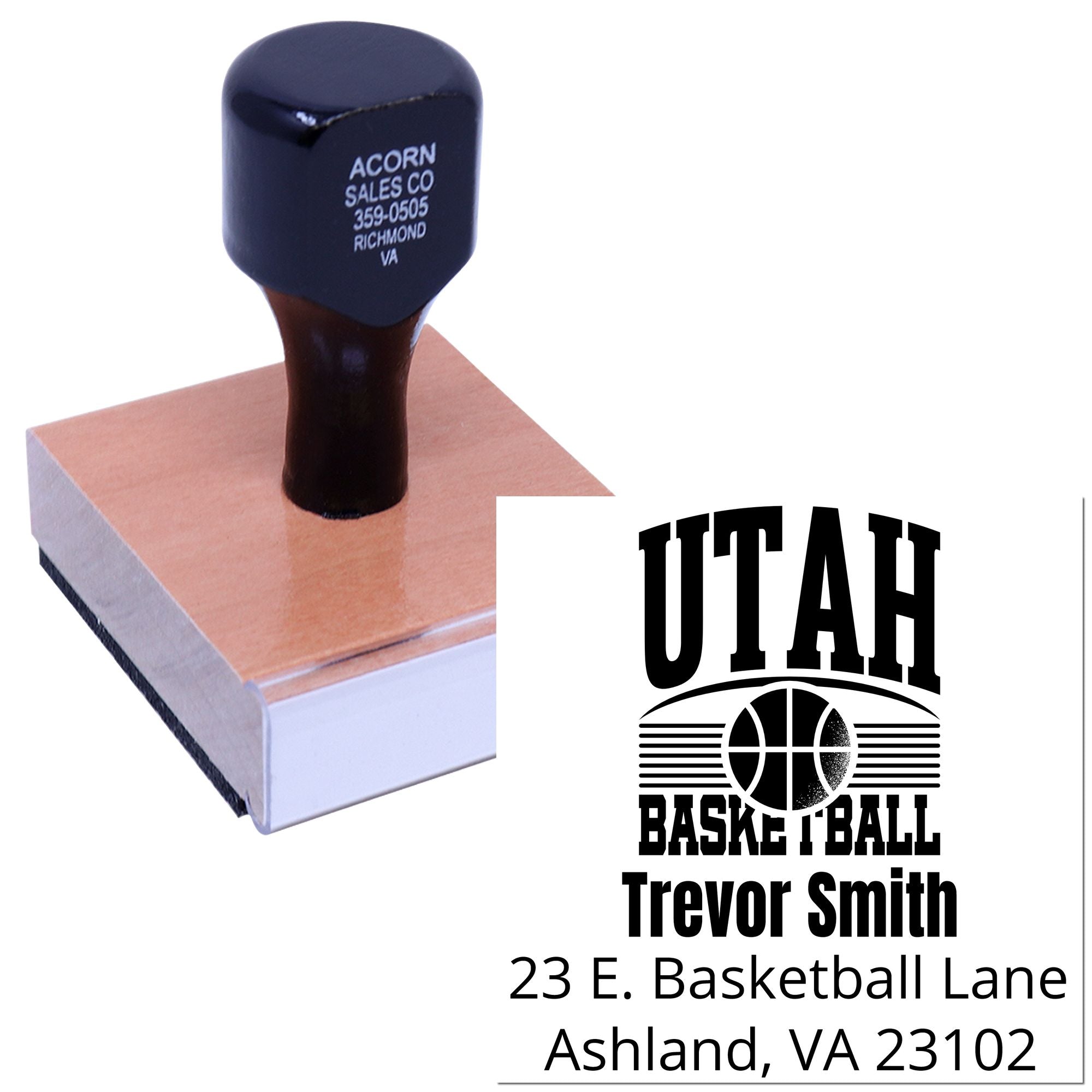Custom Utah basketball rubber stamp imprint with Trevor Smith address in Ashland, VA.