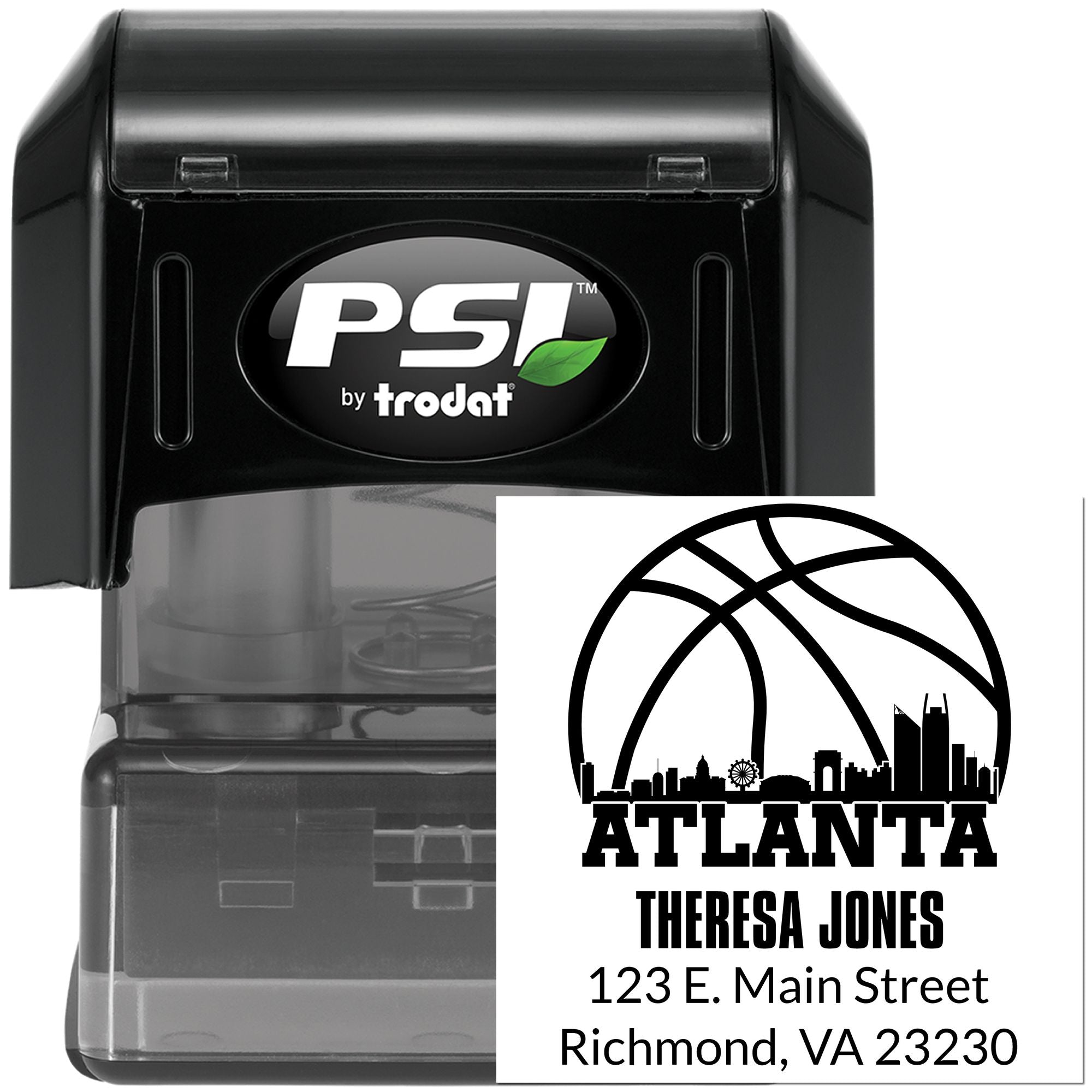 Custom self-inking address rubber stamp with Atlanta skyline design and Theresa Jones mailing details