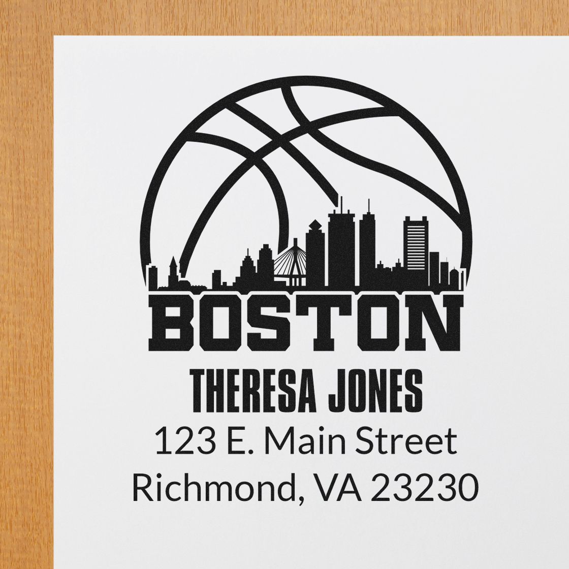 Custom Boston basketball return address rubber stamp with skyline, Theresa Jones, 123 E. Main Street, Richmond VA 23230