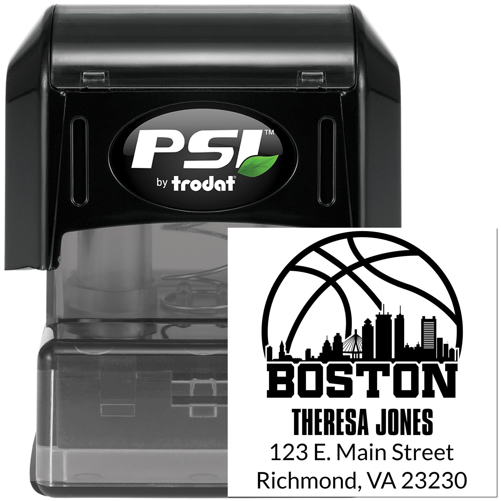 PSI by Trodat self-inking rubber stamp with custom Boston address logo for personalized return addresses