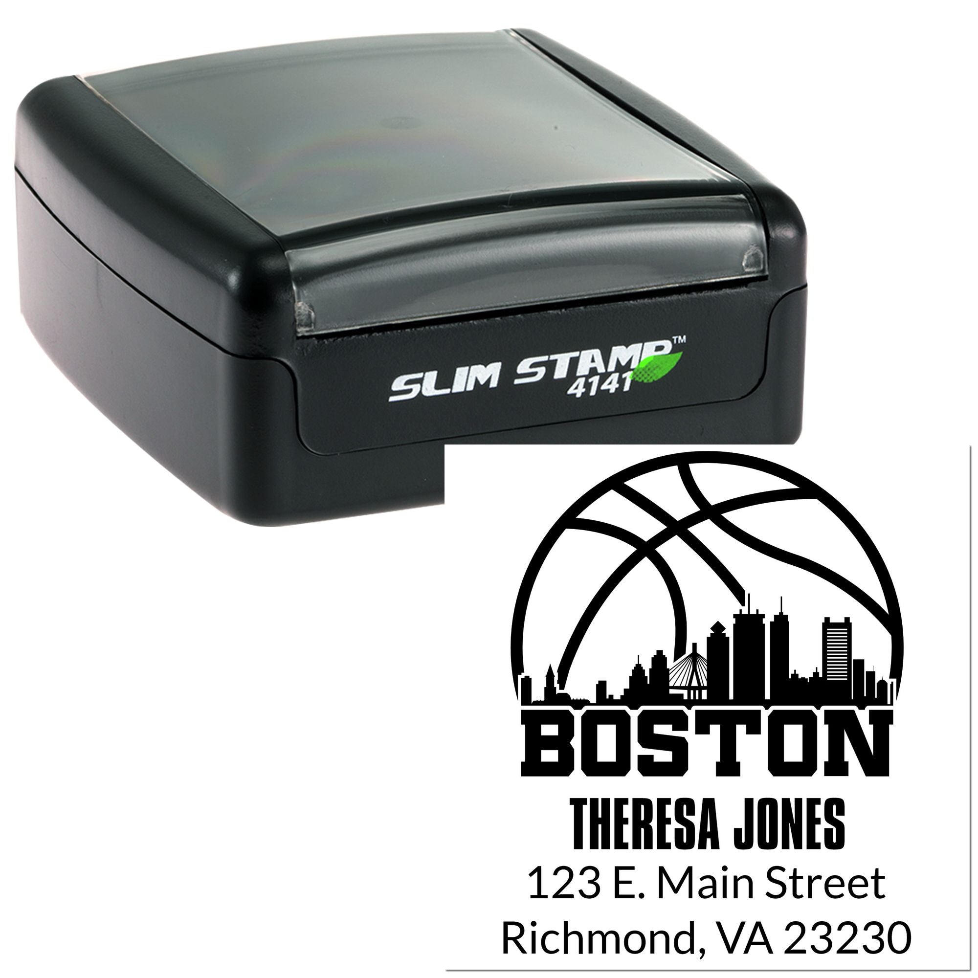 Slim Stamp 4141 custom address rubber stamp with Boston skyline logo, Theresa Jones name, and Richmond, VA address imprint.