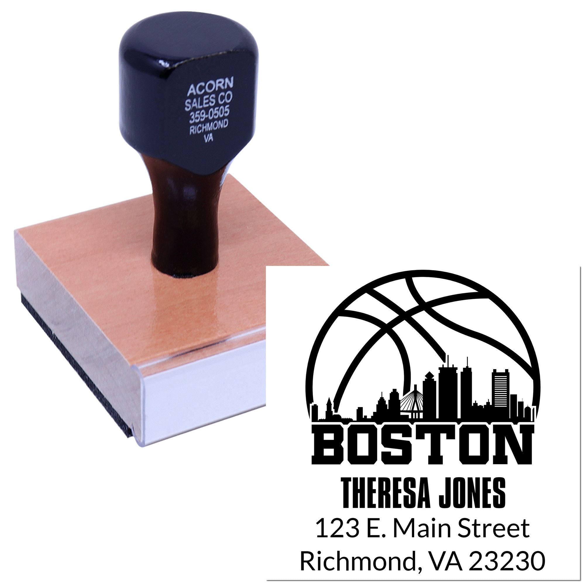 Personalized rubber stamp with Boston return address design for business mail, branding, and custom mailing labels.