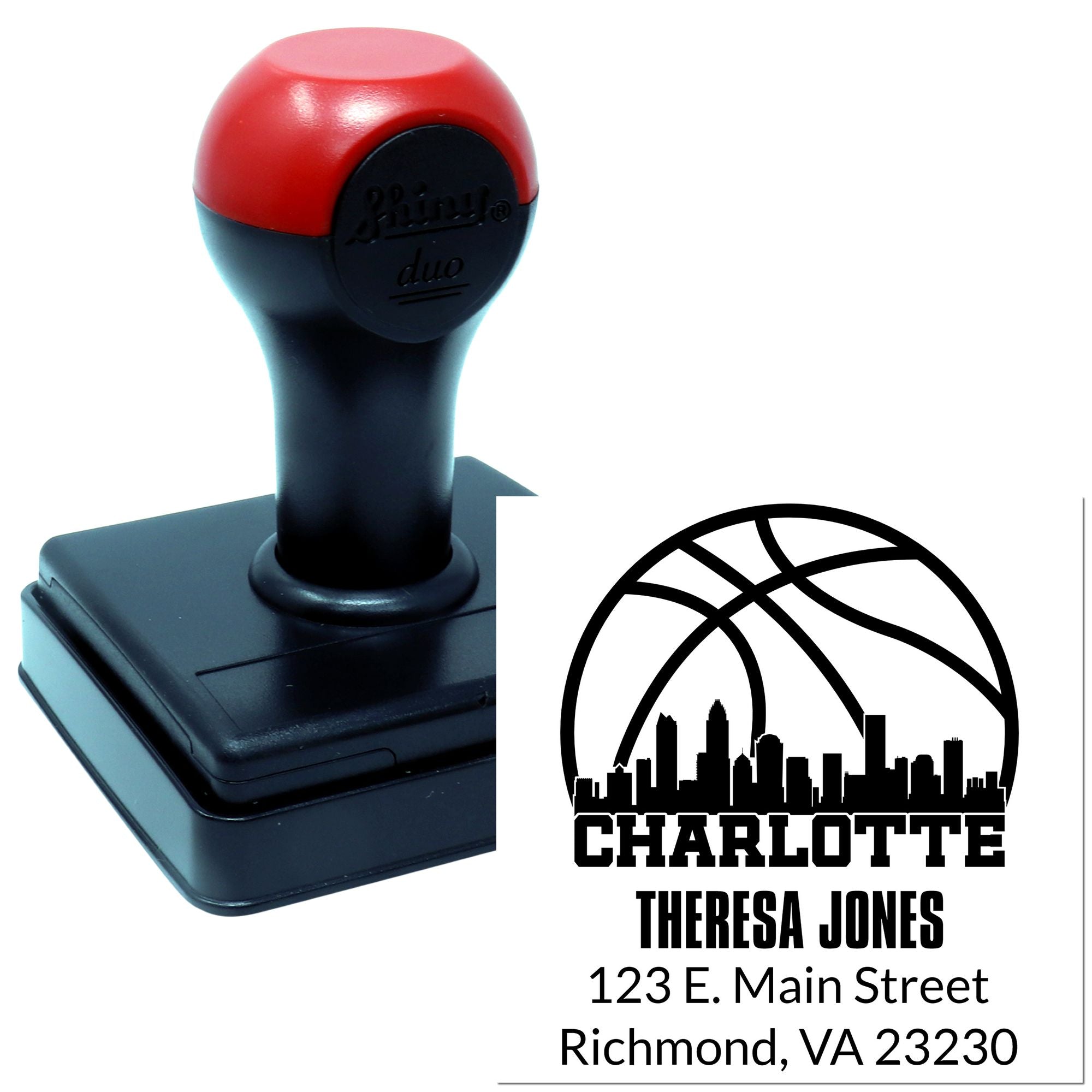 Custom self-inking rubber stamp showing Charlotte, Theresa Jones, and Richmond VA address with basketball logo.