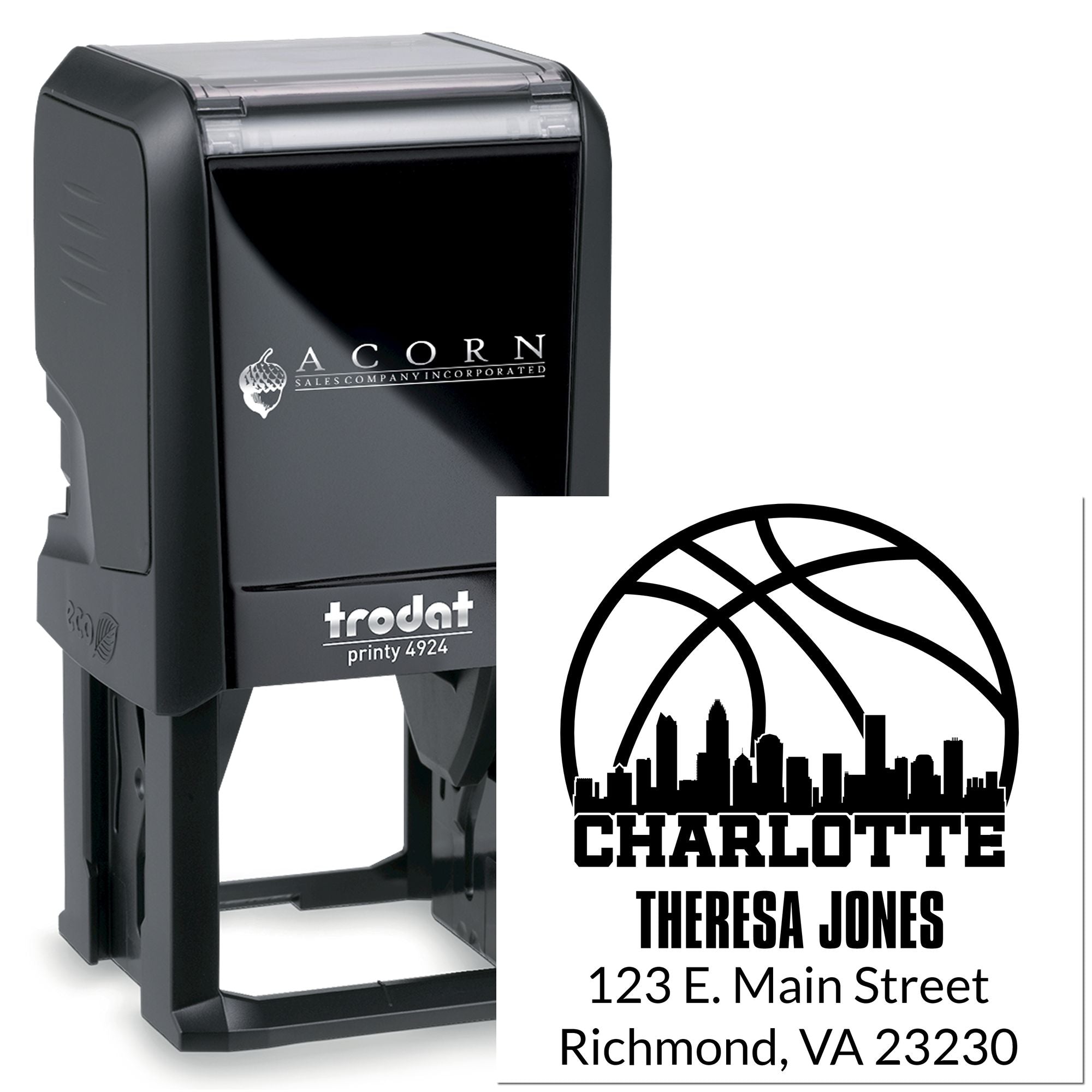 Custom self-inking address rubber stamp with Charlotte basketball logo, name, and Richmond, VA mailing details