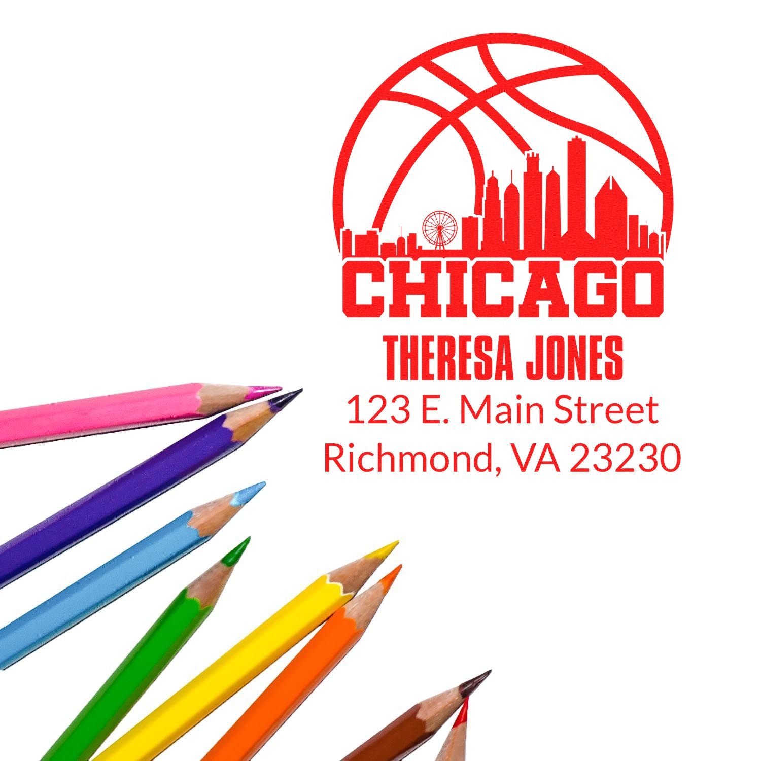 Custom Chicago address rubber stamp with skyline, Theresa Jones, and Richmond, VA 23230 for mailing labels.