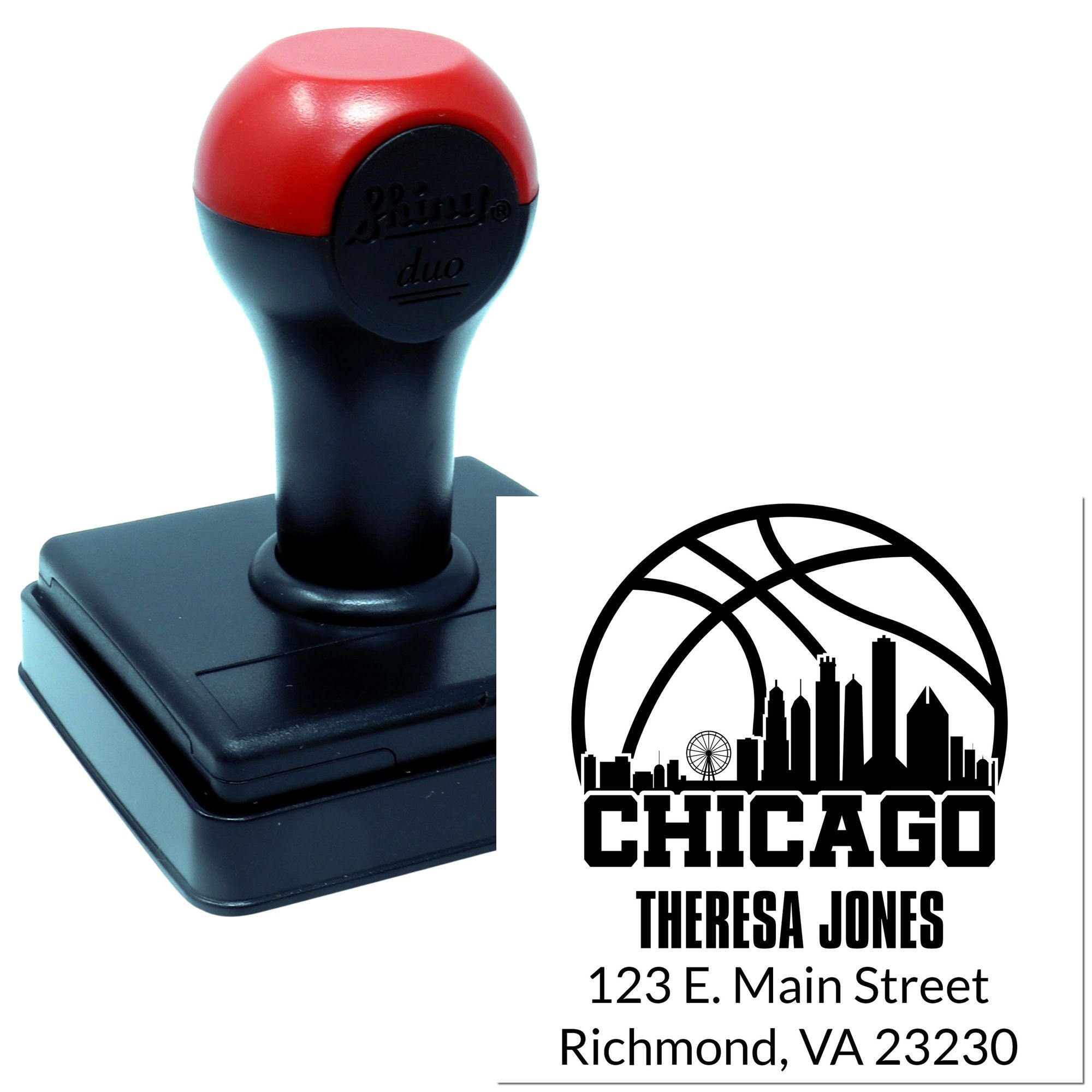 Custom self-inking rubber stamp with Chicago return address design, personalized name, and address for mailing use.