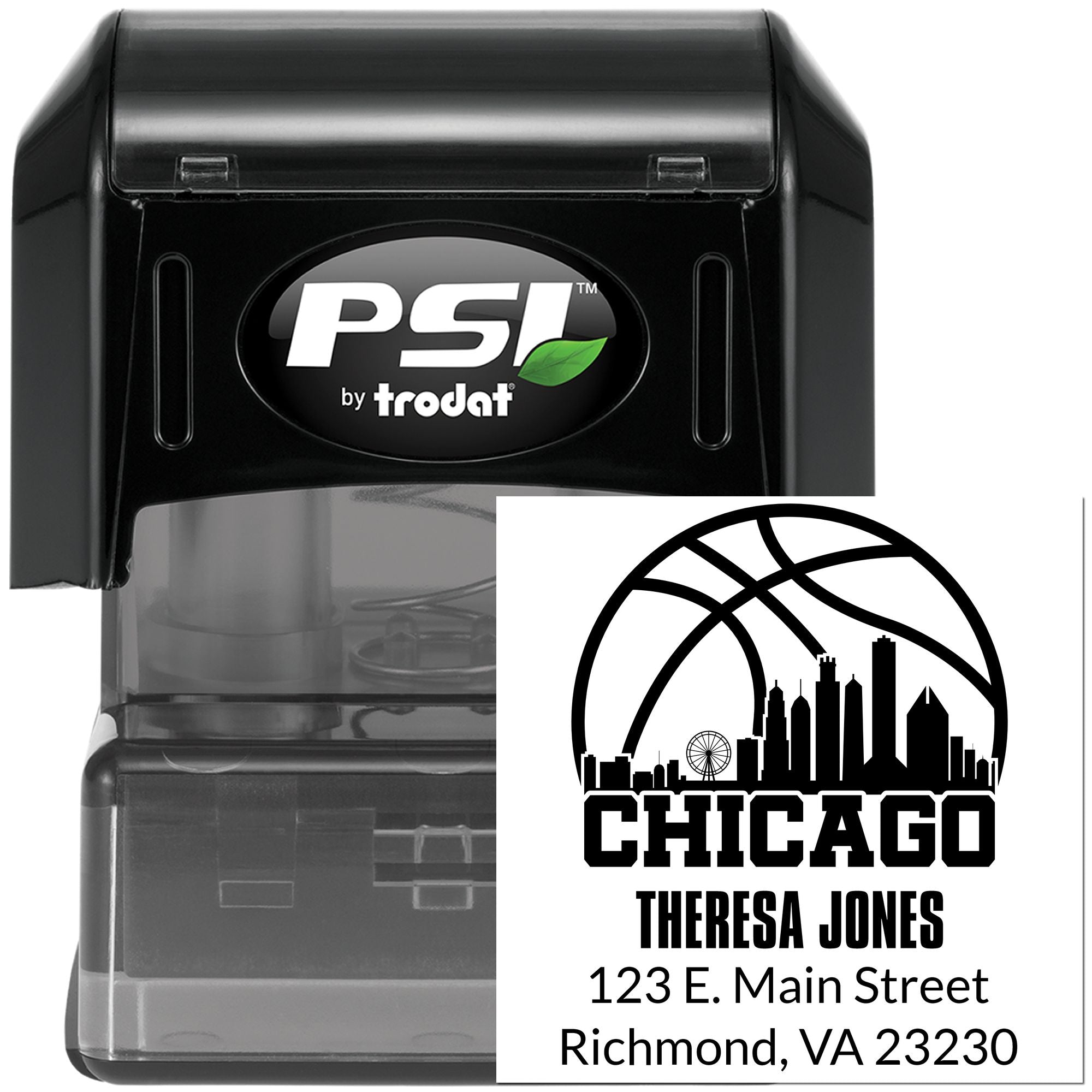 PSI by Trodat self-inking rubber stamp with custom Chicago return address design for personalized mailing and branding