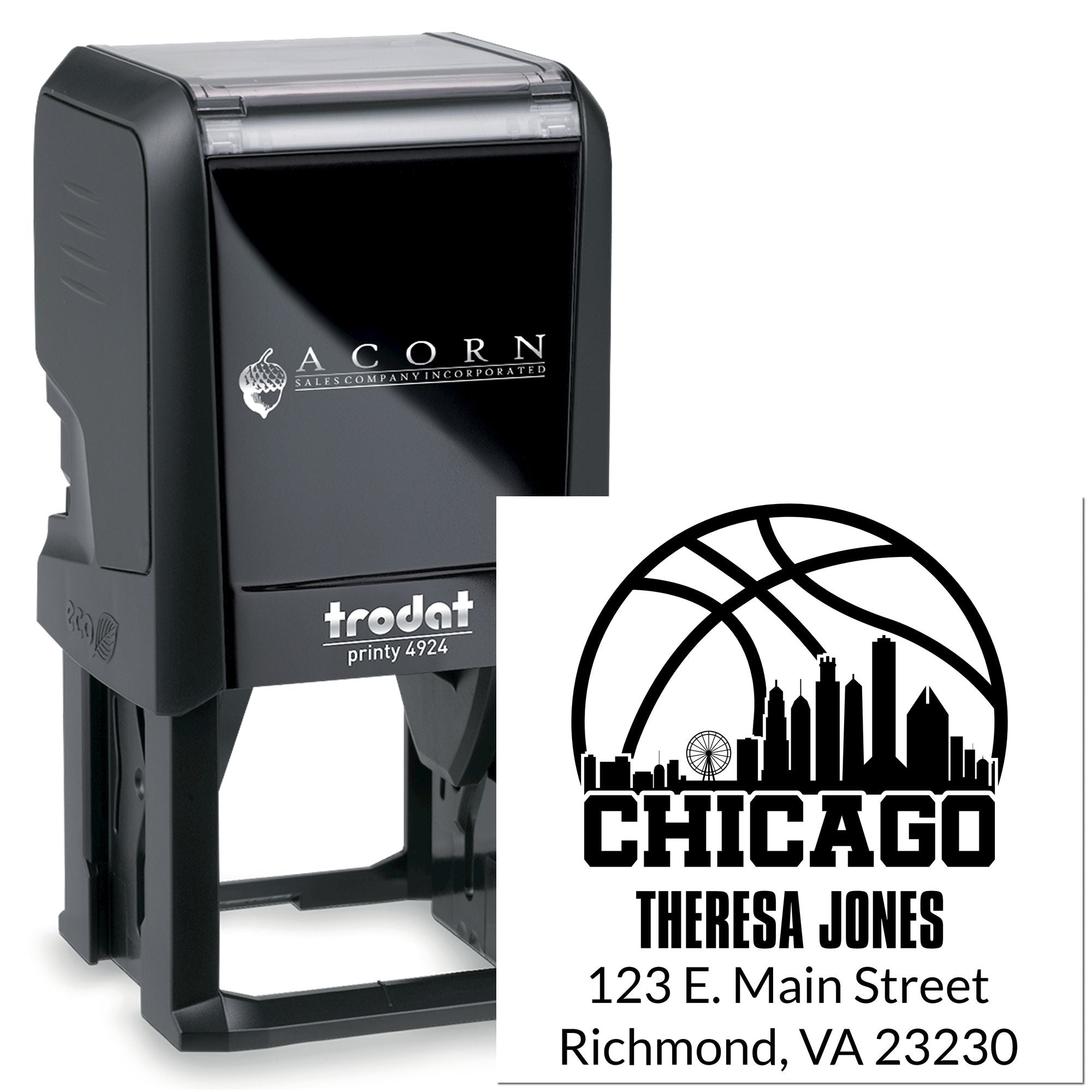 Trodat Printy 4924 custom self-inking rubber stamp with Chicago skyline, name, and address for business mailing.