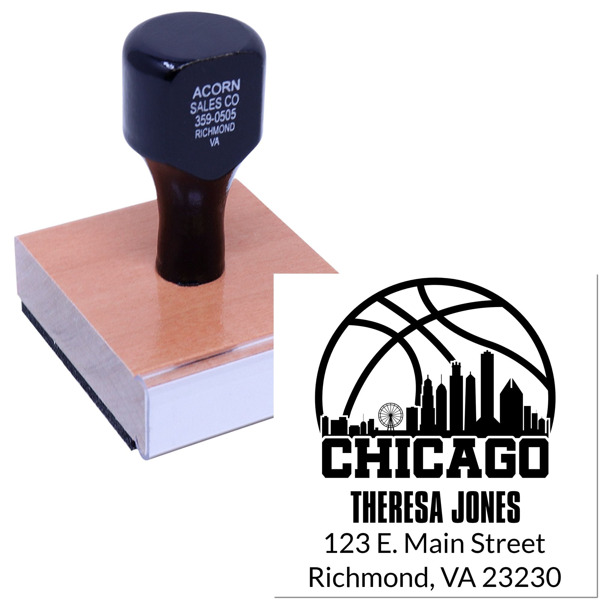 Custom rubber stamp with Chicago skyline design and personalized name and address imprint for business mailing use