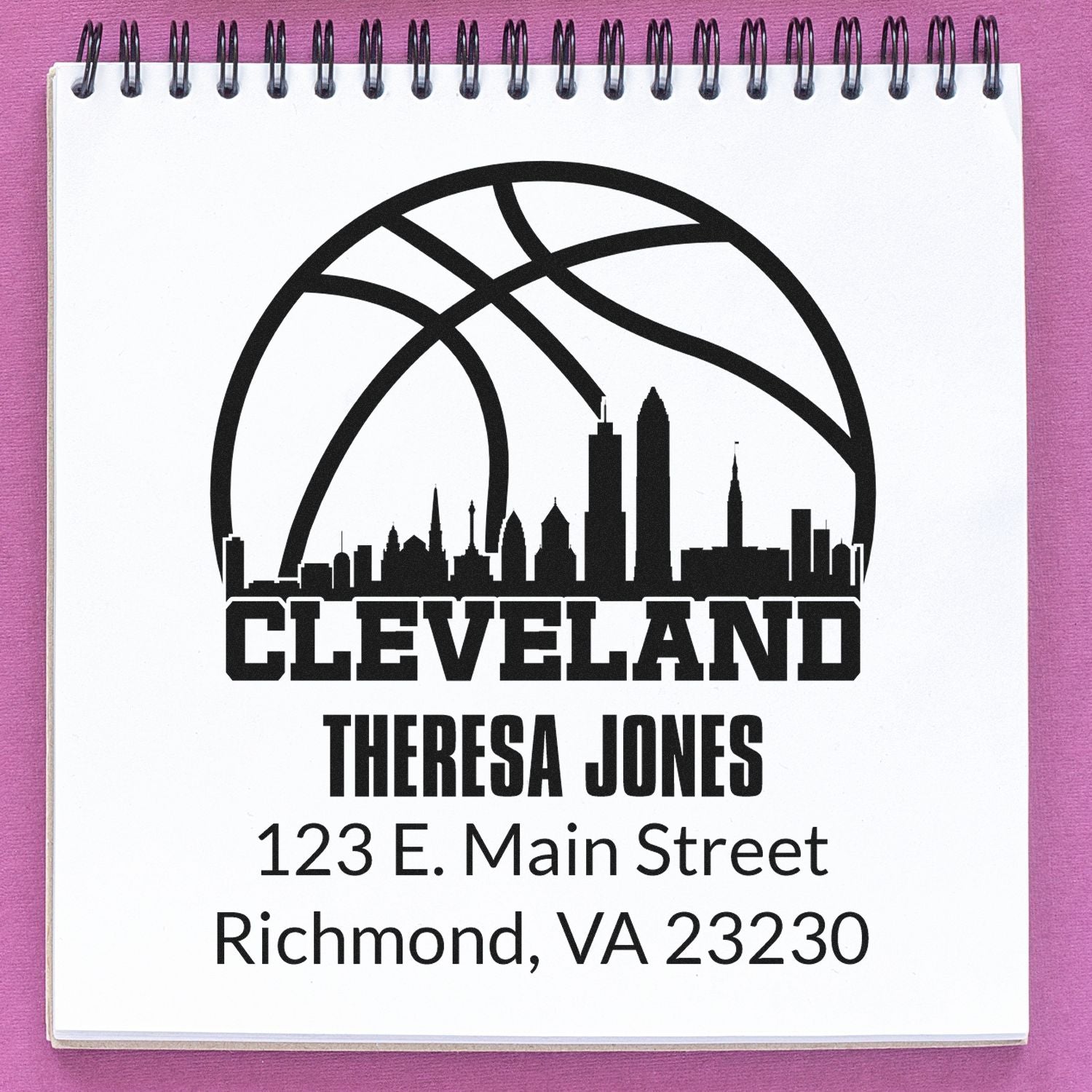Custom Cleveland skyline rubber stamp with personalized address for Theresa Jones, 123 E. Main Street, Richmond, VA 23230.