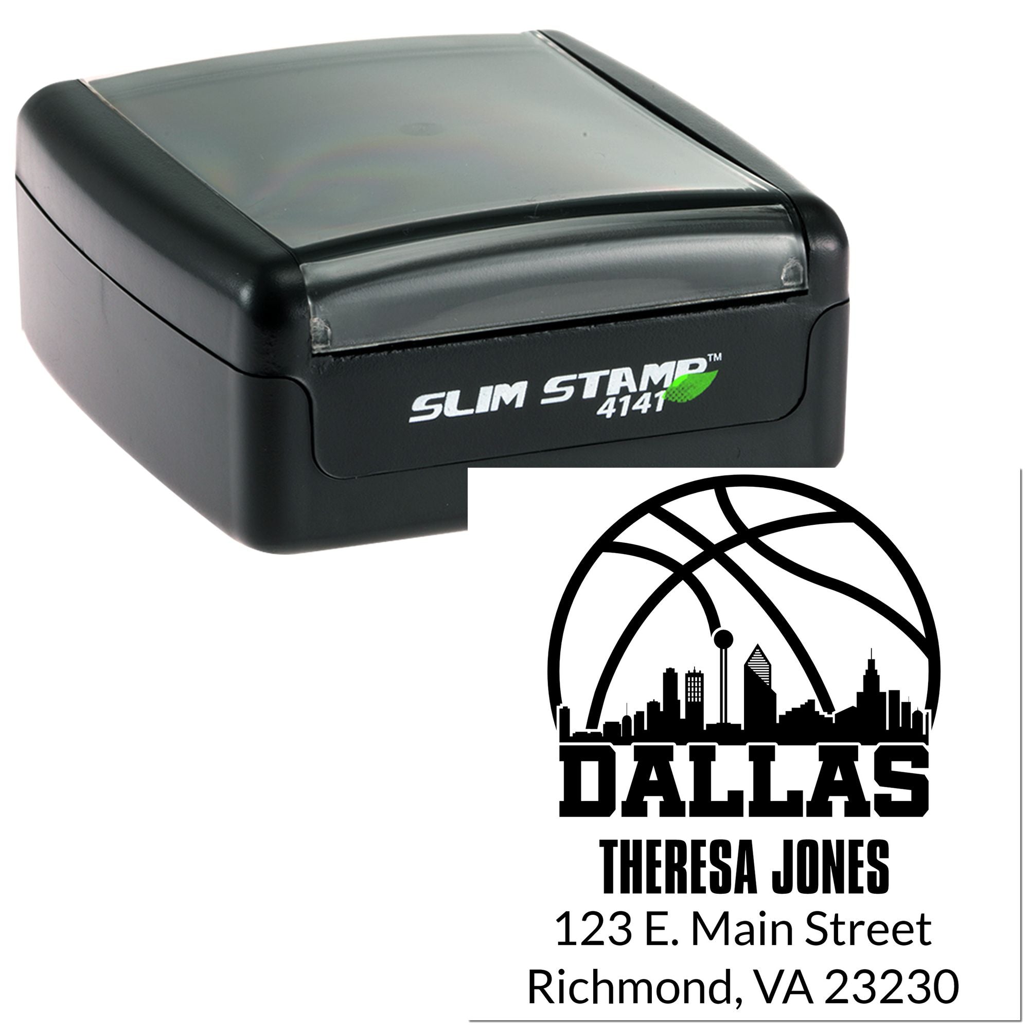 Custom Dallas return address rubber stamp, Slim Stamp 4141 self-inking stamp for Theresa Jones, 123 E. Main Street, Richmond VA 23230.