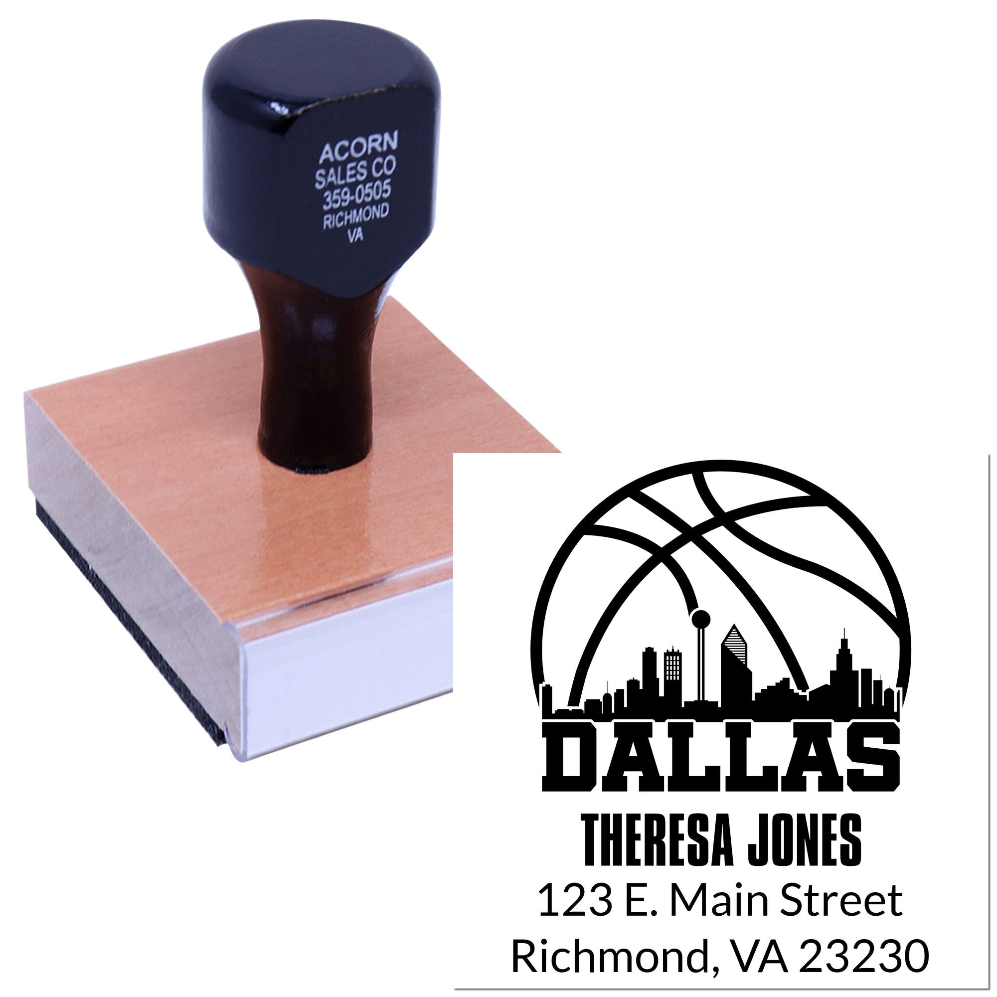 Custom return address rubber stamp for Theresa Jones, Richmond VA 23230, ideal for business mailings and packaging.