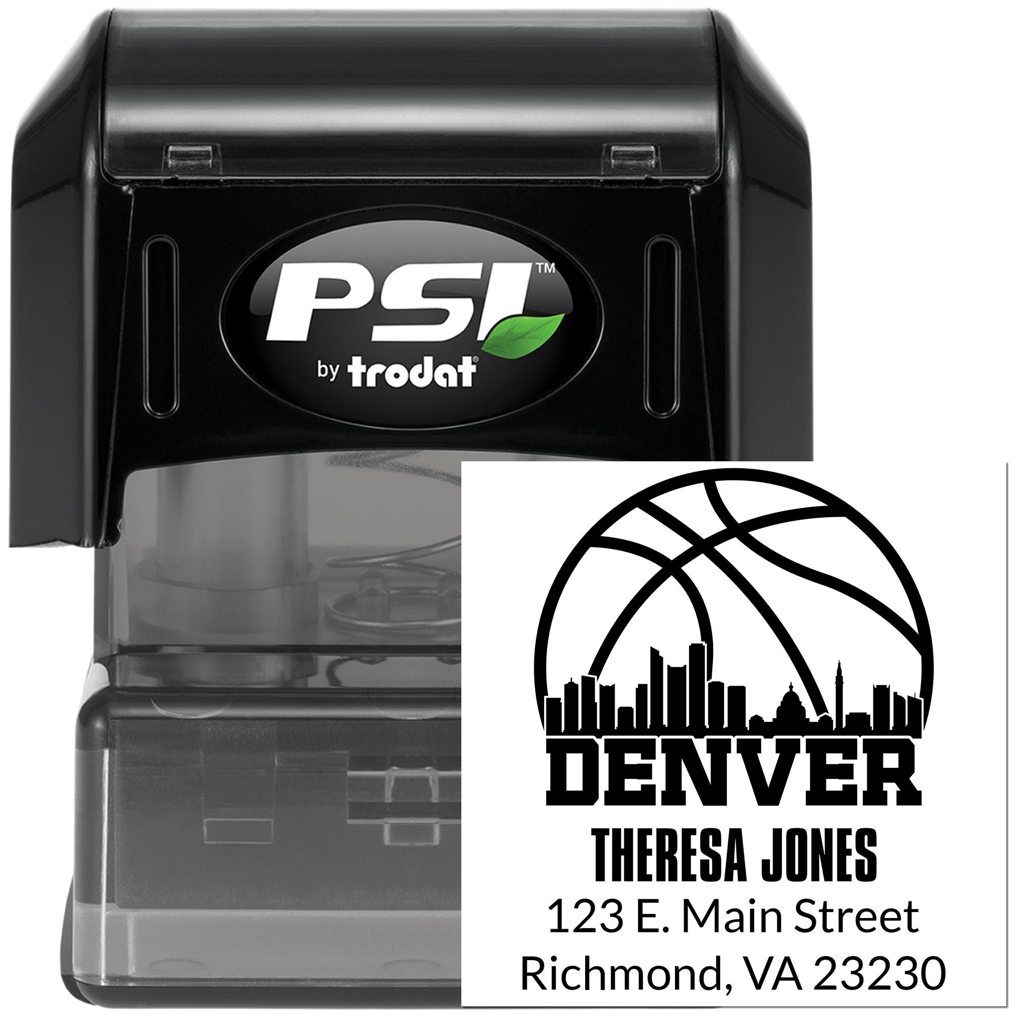 Custom self-inking rubber address stamp for Theresa Jones, Denver, CO, with skyline design for return mail.