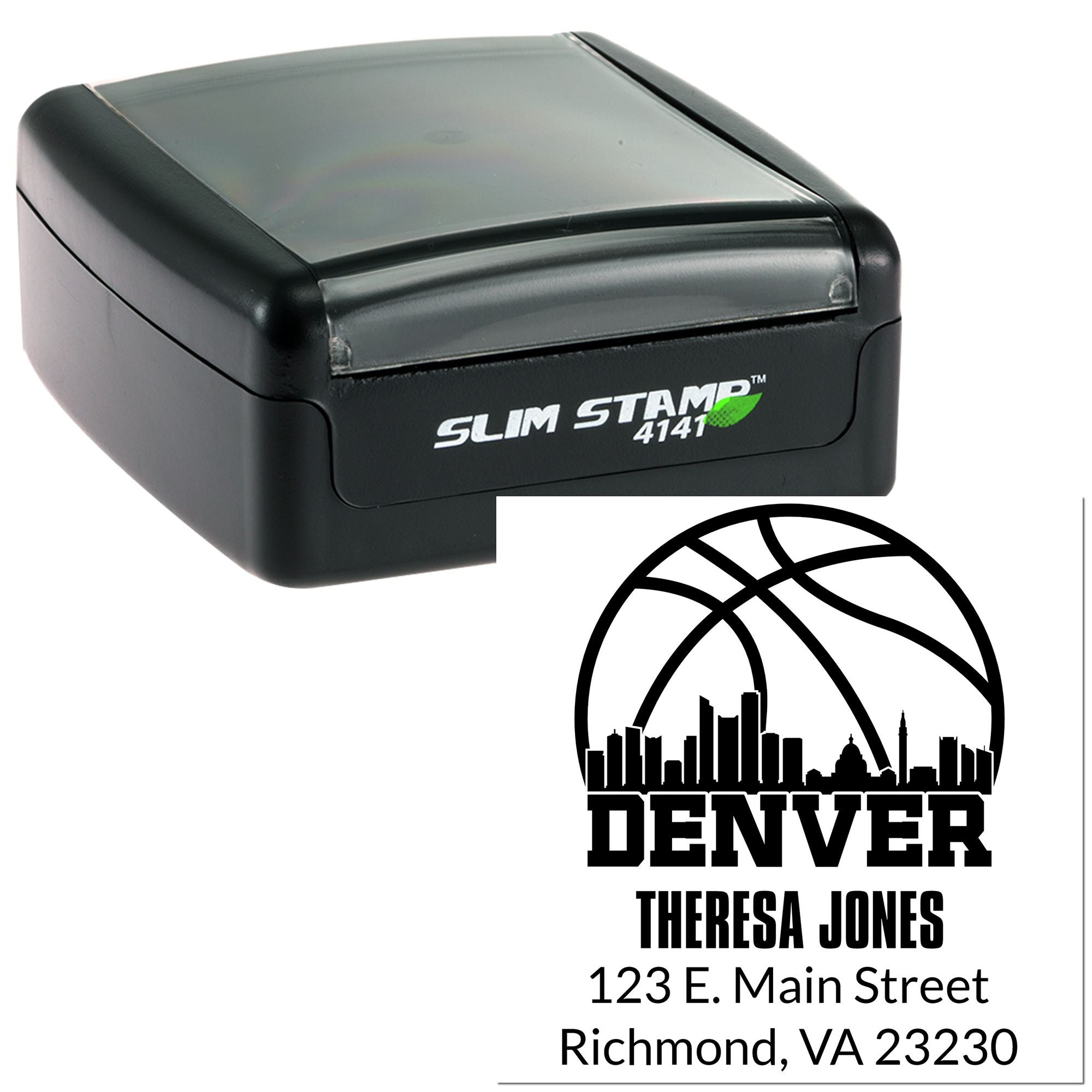 Personalized Denver self-inking rubber stamp with basketball skyline, name, and address for custom mailing and branding.
