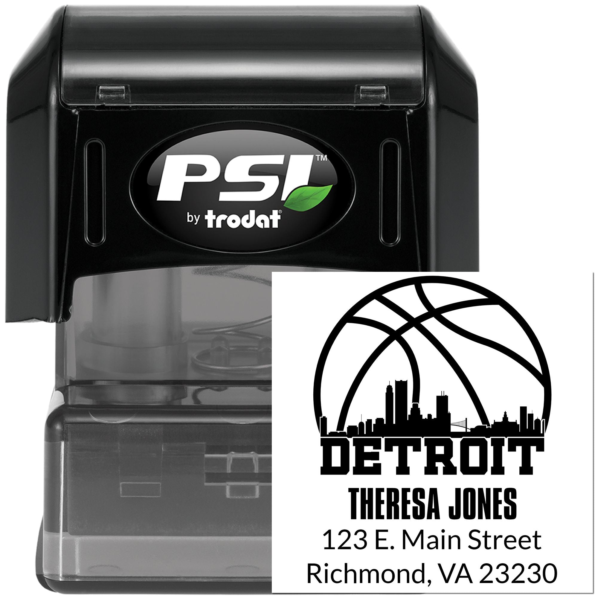 Custom self-inking rubber stamp by PSI Trodat with Detroit skyline and Theresa Jones address for mailing and business use