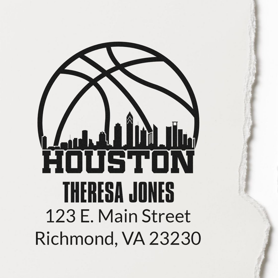 Personalized Houston basketball return address rubber stamp with skyline, name, and mailing address.
