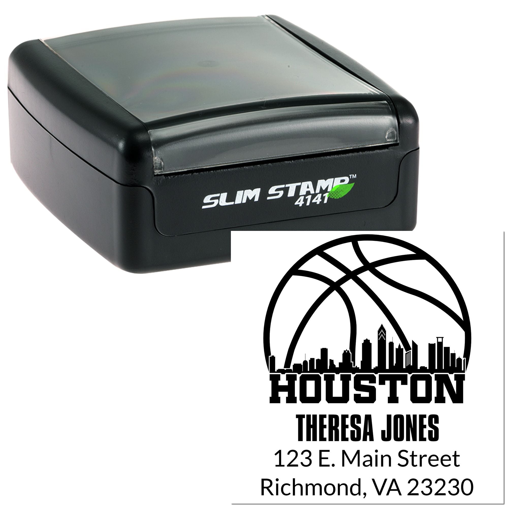 Personalized Houston return address rubber stamp with skyline design for Theresa Jones, Richmond, VA 23230.