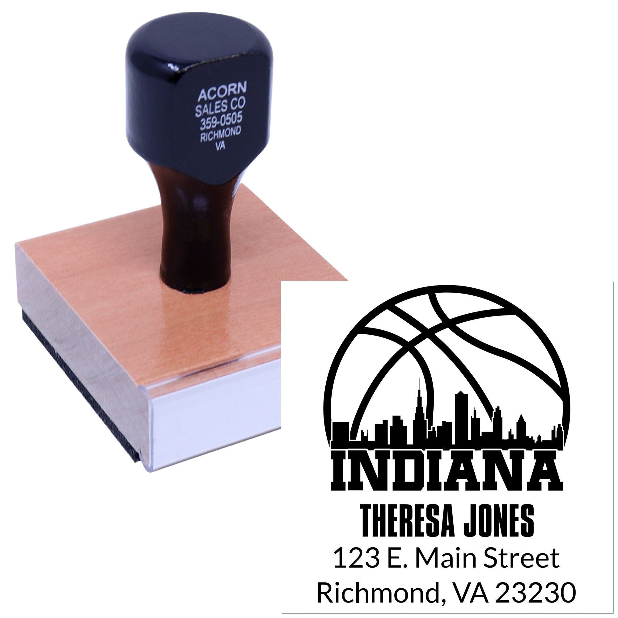 Custom rubber address stamp with Indiana logo and Theresa Jones mailing details for personalized business or home use.