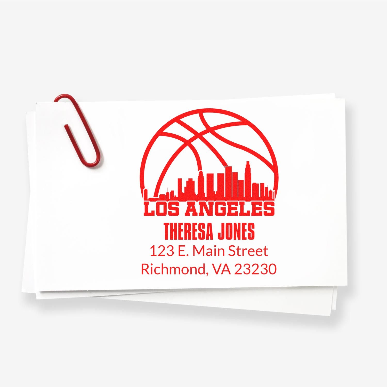 Personalized rubber return address stamp with Los Angeles basketball skyline, Theresa Jones, and Richmond, VA address.