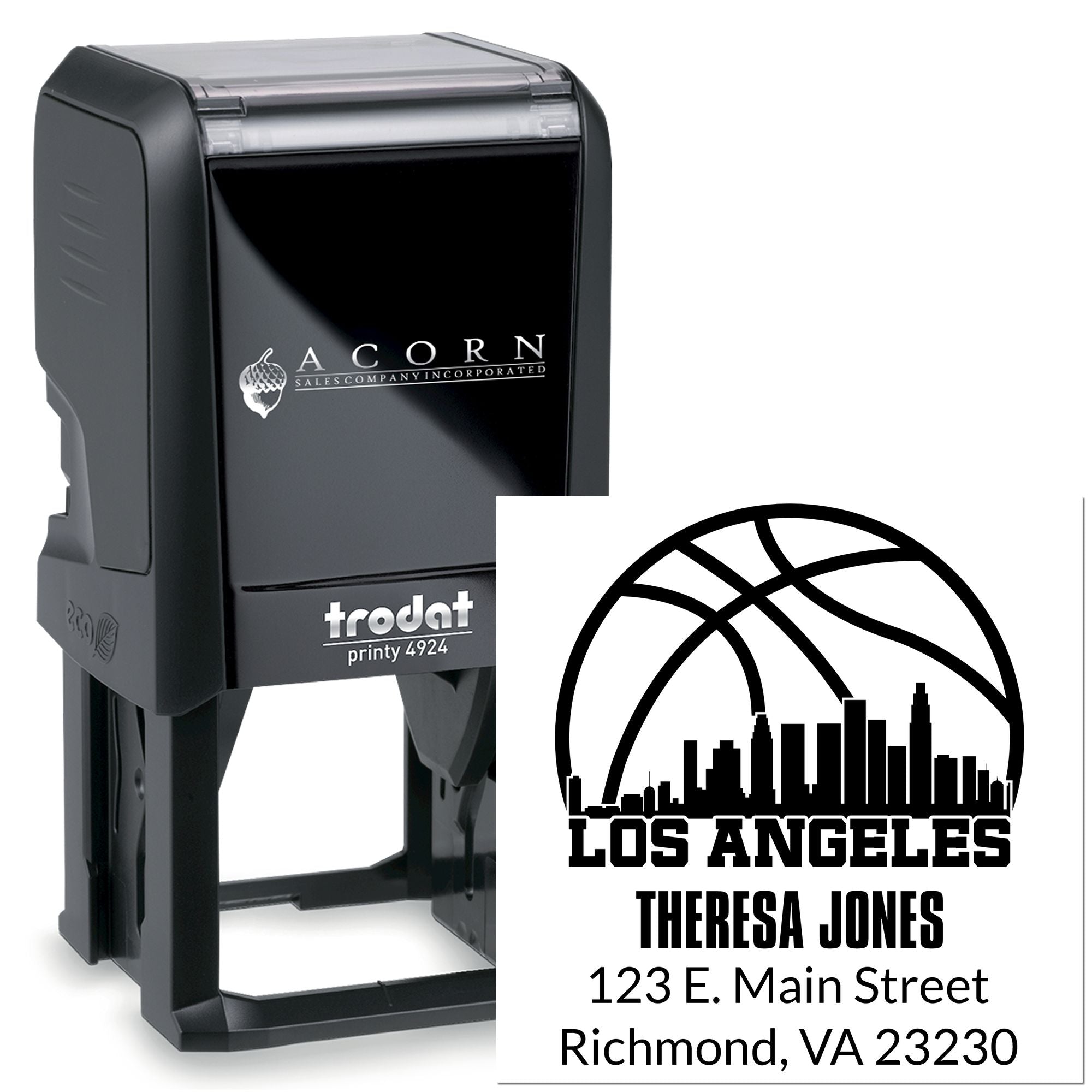 Custom self-inking rubber stamp for Los Angeles business address with name, street, and city details.