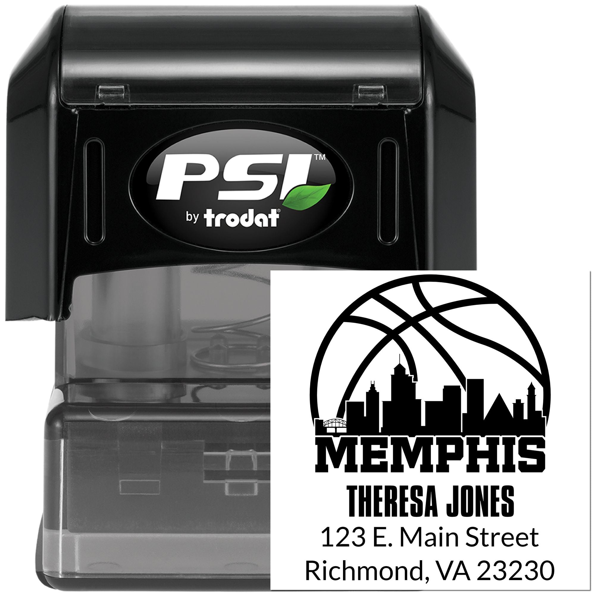 PSI by Trodat self-inking custom address stamp with Memphis skyline return address for business mail and branding.