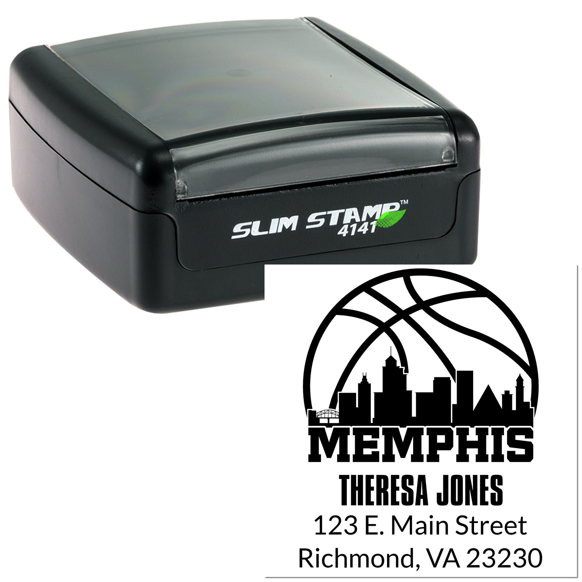 Custom self-inking rubber address stamp for Theresa Jones, Memphis, VA 23230, with city skyline logo.
