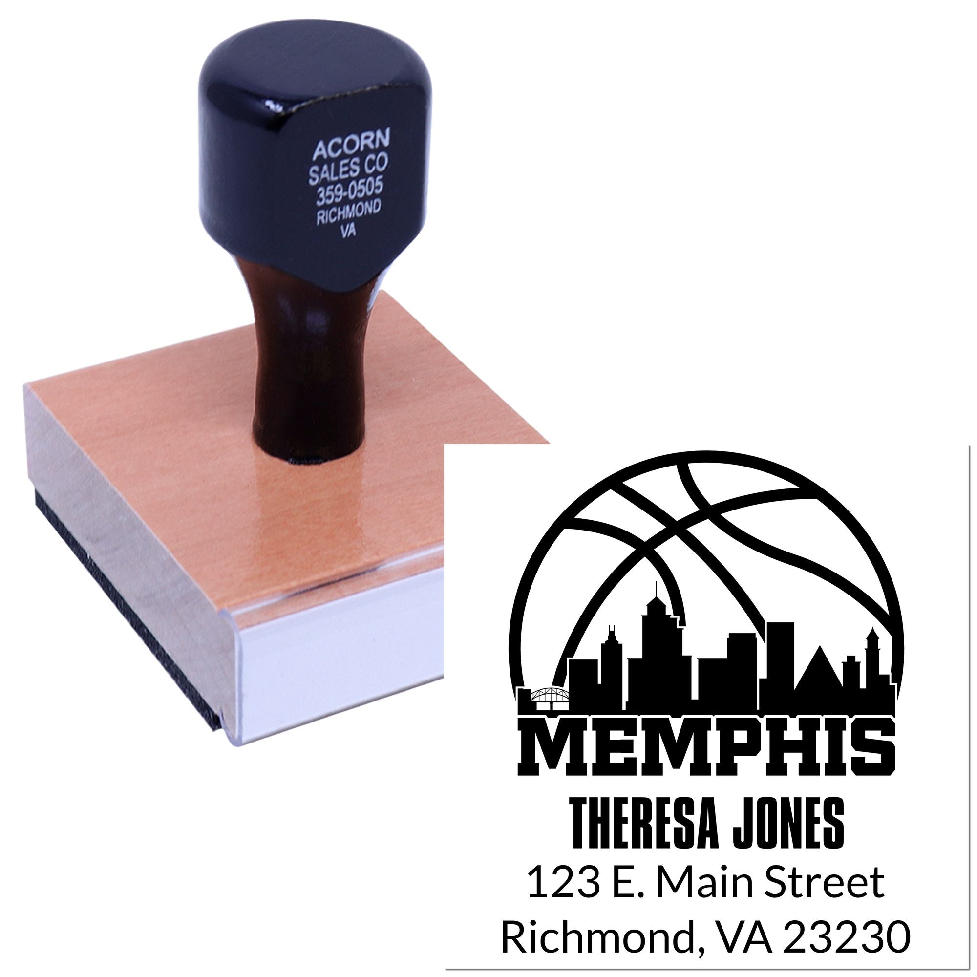 Custom Memphis return address rubber stamp with name, street, and ZIP code for mailing envelopes.