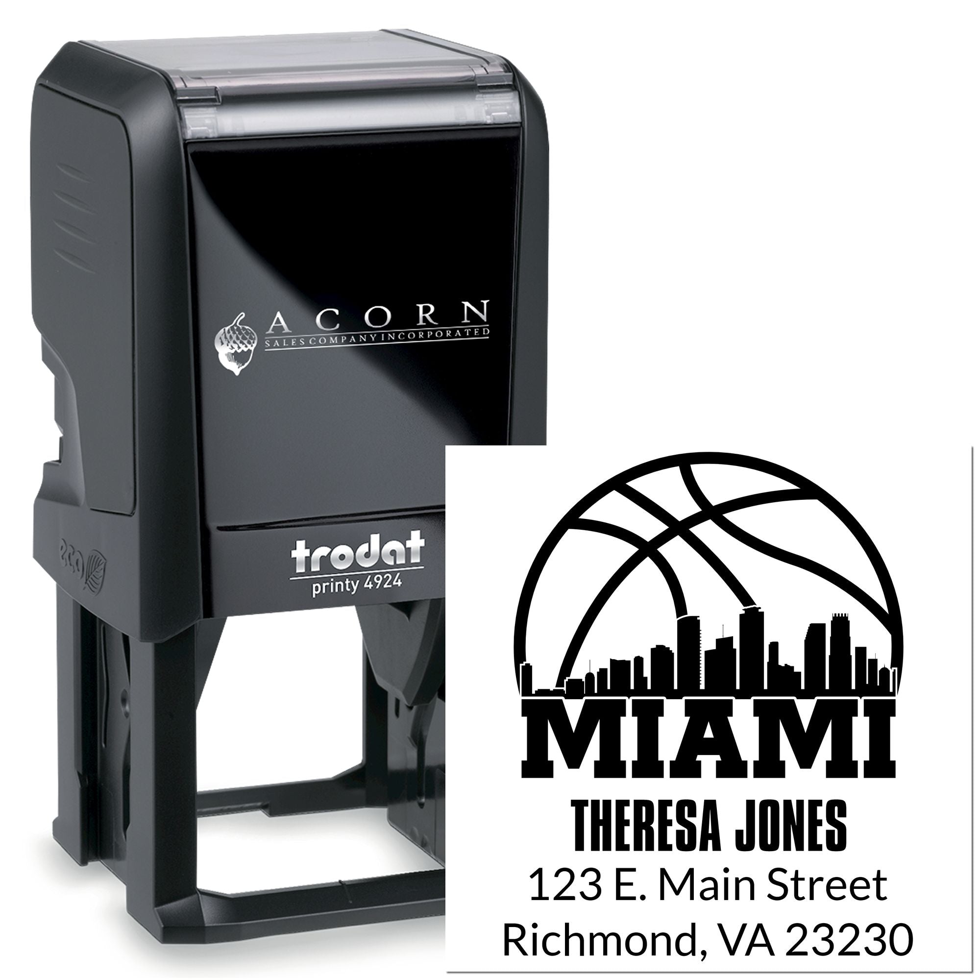 Custom self-inking rubber stamp with Miami address design for Theresa Jones, Trodat Printy 4924 business branding stamp