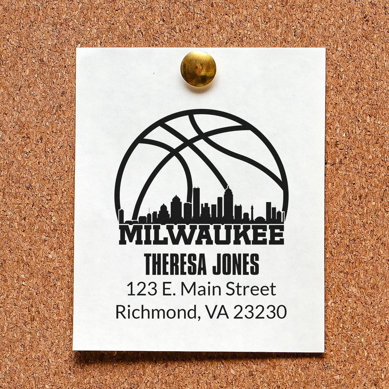 Custom Milwaukee skyline return address rubber stamp with Theresa Jones and Richmond, VA 23230.