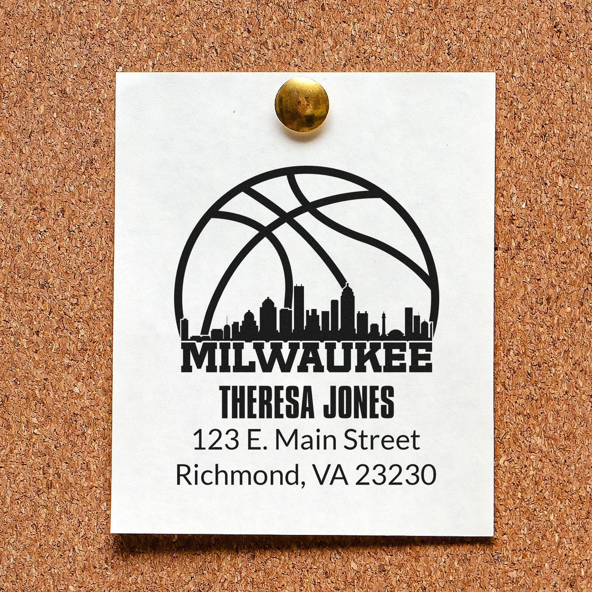 Custom Milwaukee return address rubber stamp with skyline basketball design for Theresa Jones, Richmond VA 23230.