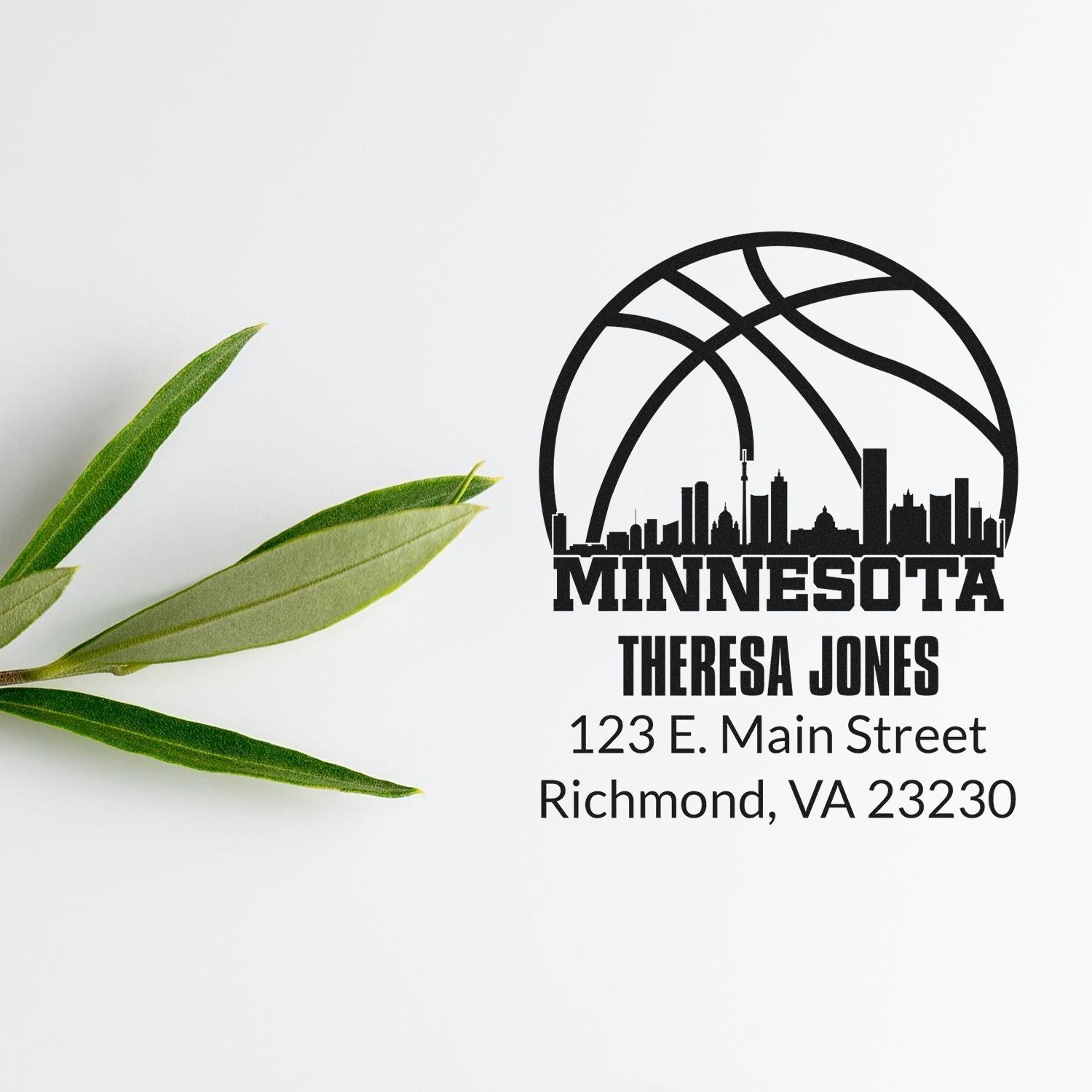 Custom Minnesota basketball skyline rubber stamp with Theresa Jones name and Richmond, VA 23230 address.