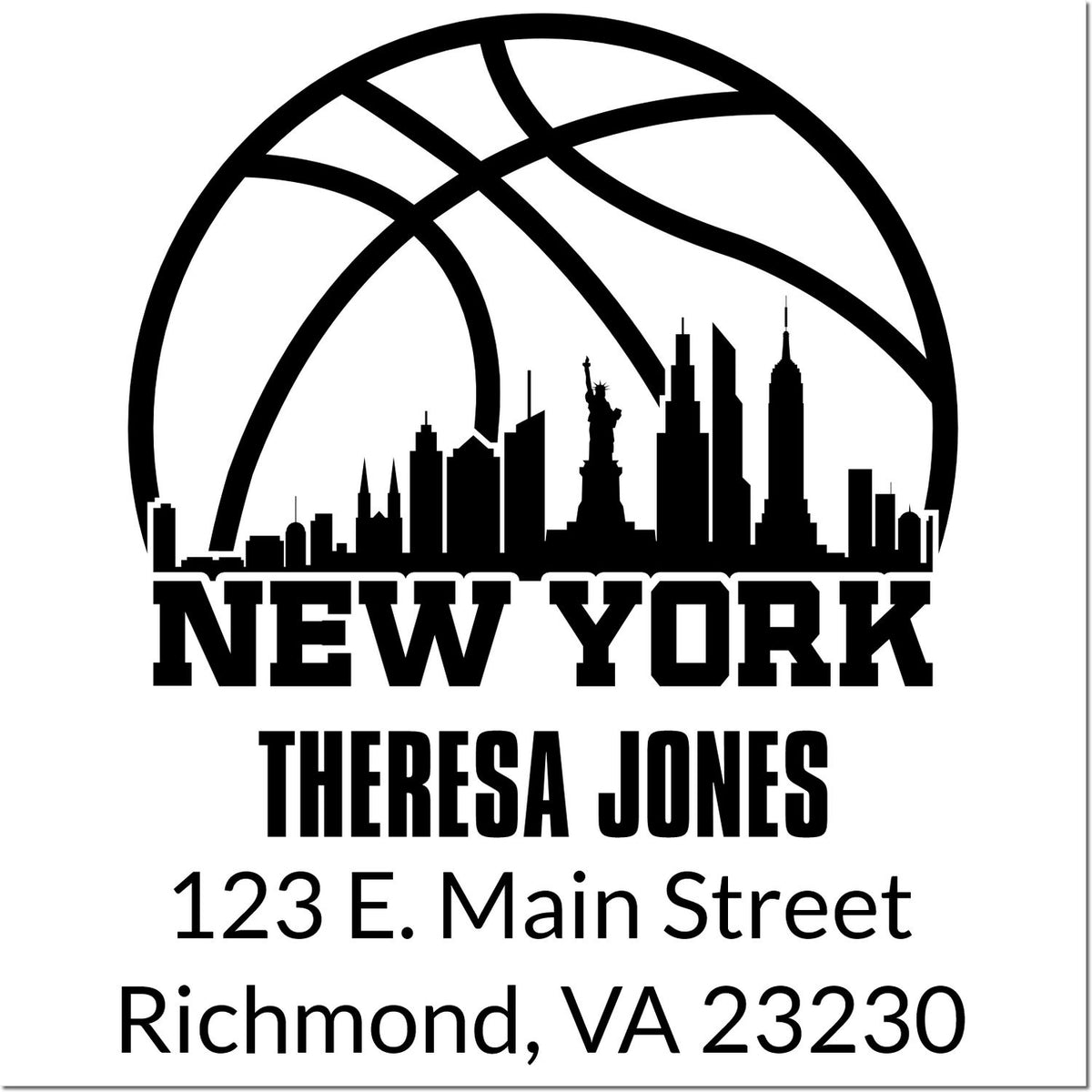 Personalized New York skyline address rubber stamp for Theresa Jones, 123 E. Main Street, Richmond, VA 23230