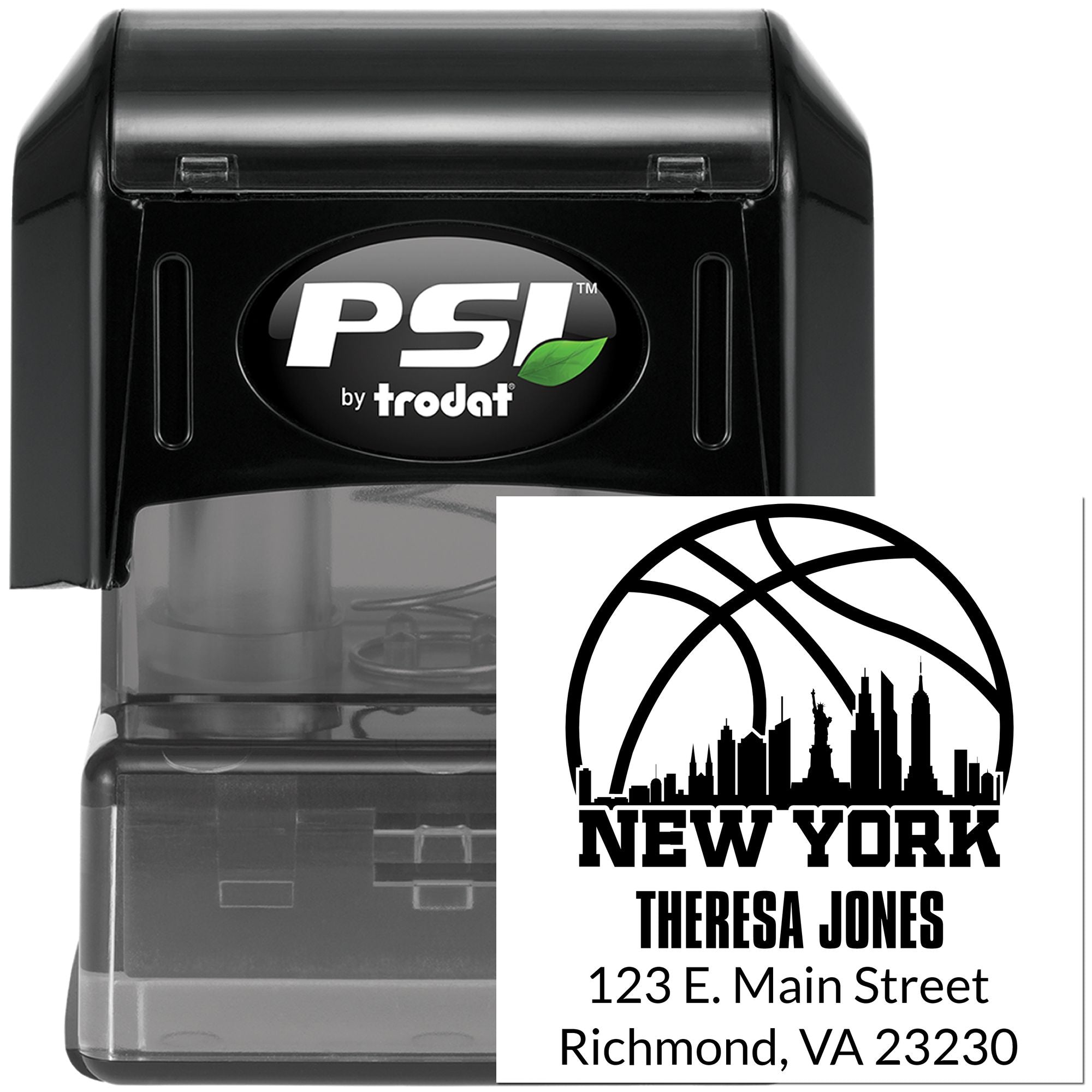 Custom New York skyline self-inking rubber stamp with Theresa Jones name and Richmond, VA address.