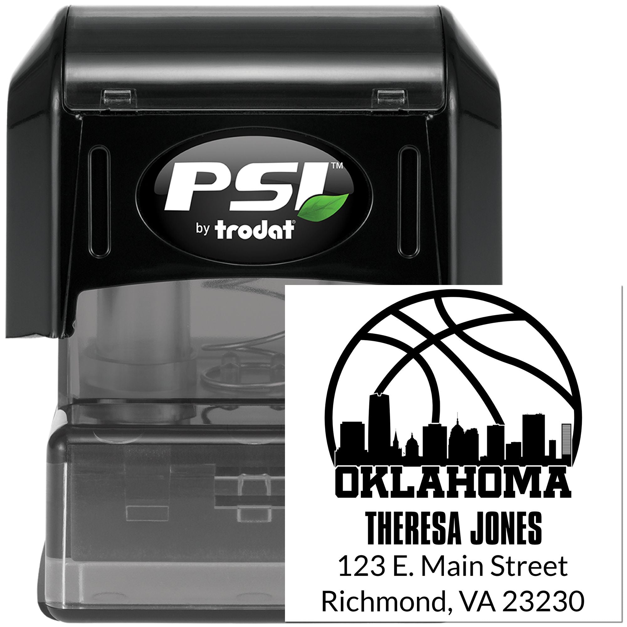 Custom self-inking rubber stamp with Oklahoma skyline and personalized return address for Theresa Jones, 123 E. Main Street.