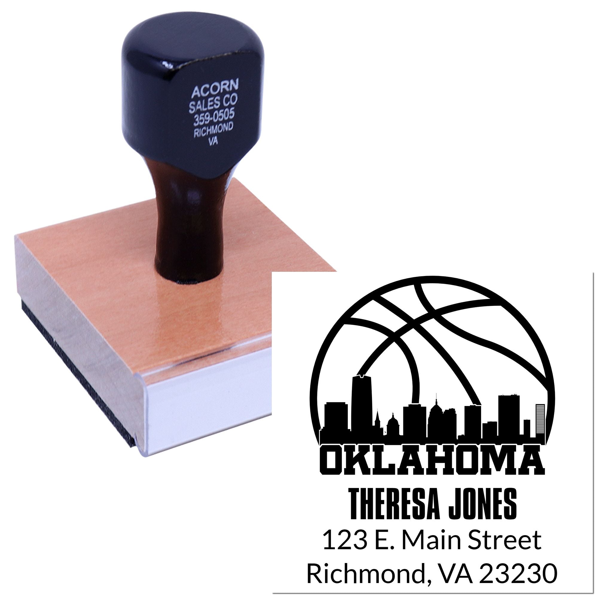 Custom rubber address stamp with Oklahoma skyline logo and Theresa Jones mailing details for business branding.