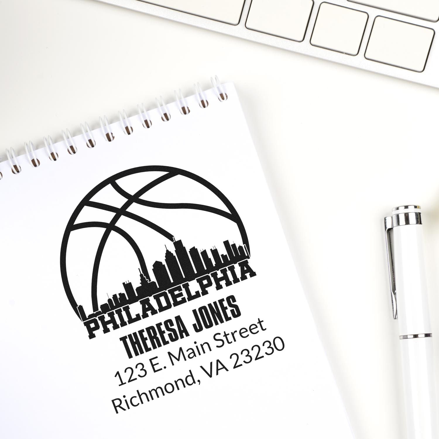 Personalized address rubber stamp with Philadelphia skyline design for Theresa Jones, Richmond, VA 23230.