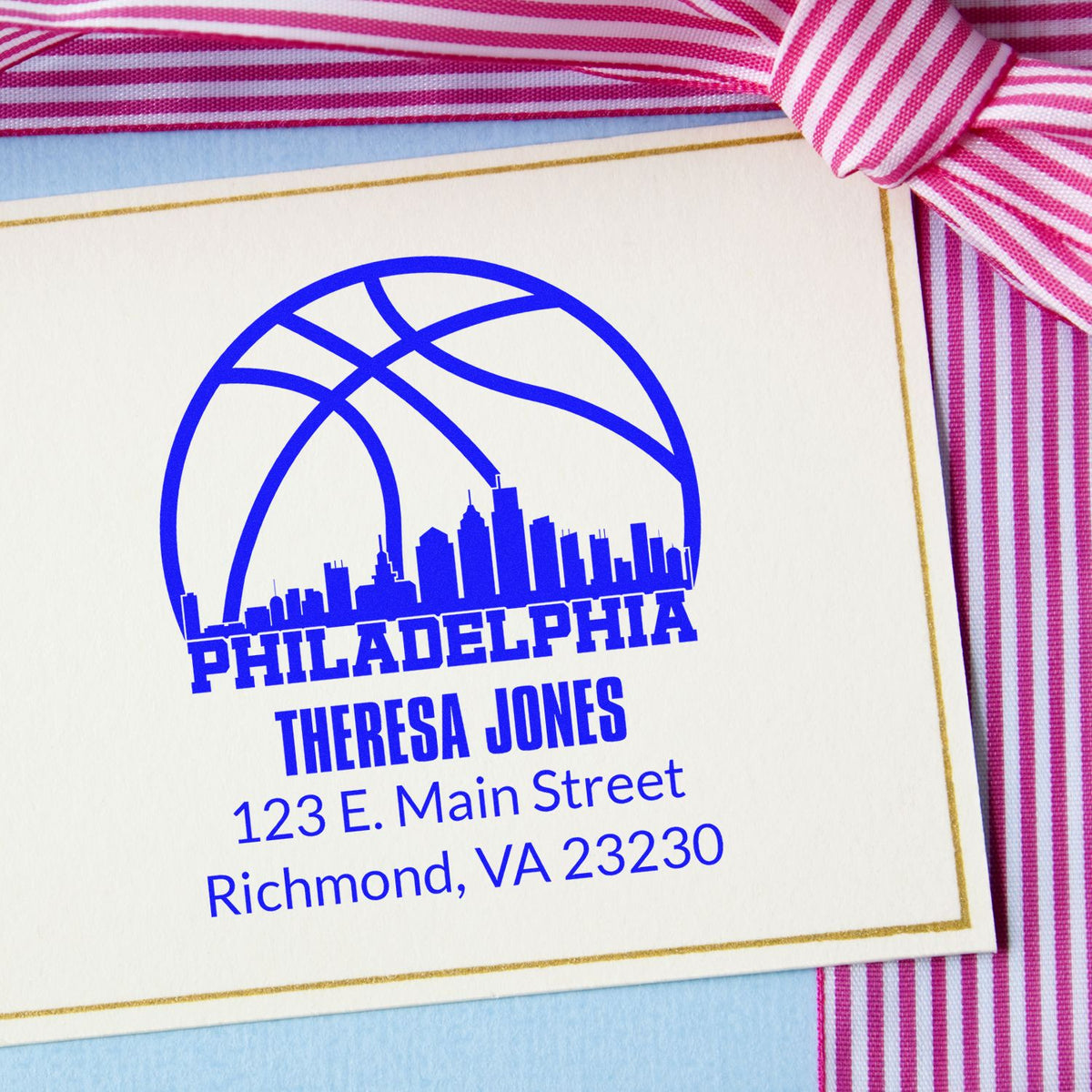 Custom Philadelphia skyline return address rubber stamp for Theresa Jones, Richmond, VA 23230