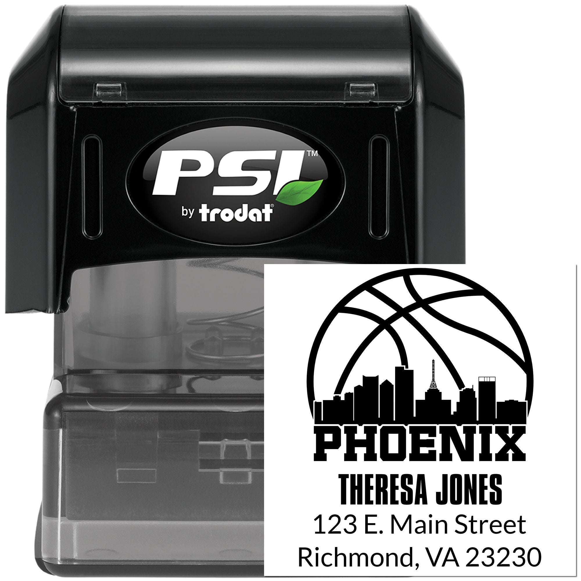 Custom self-inking address stamp with Phoenix skyline for Theresa Jones, Richmond, VA 23230.