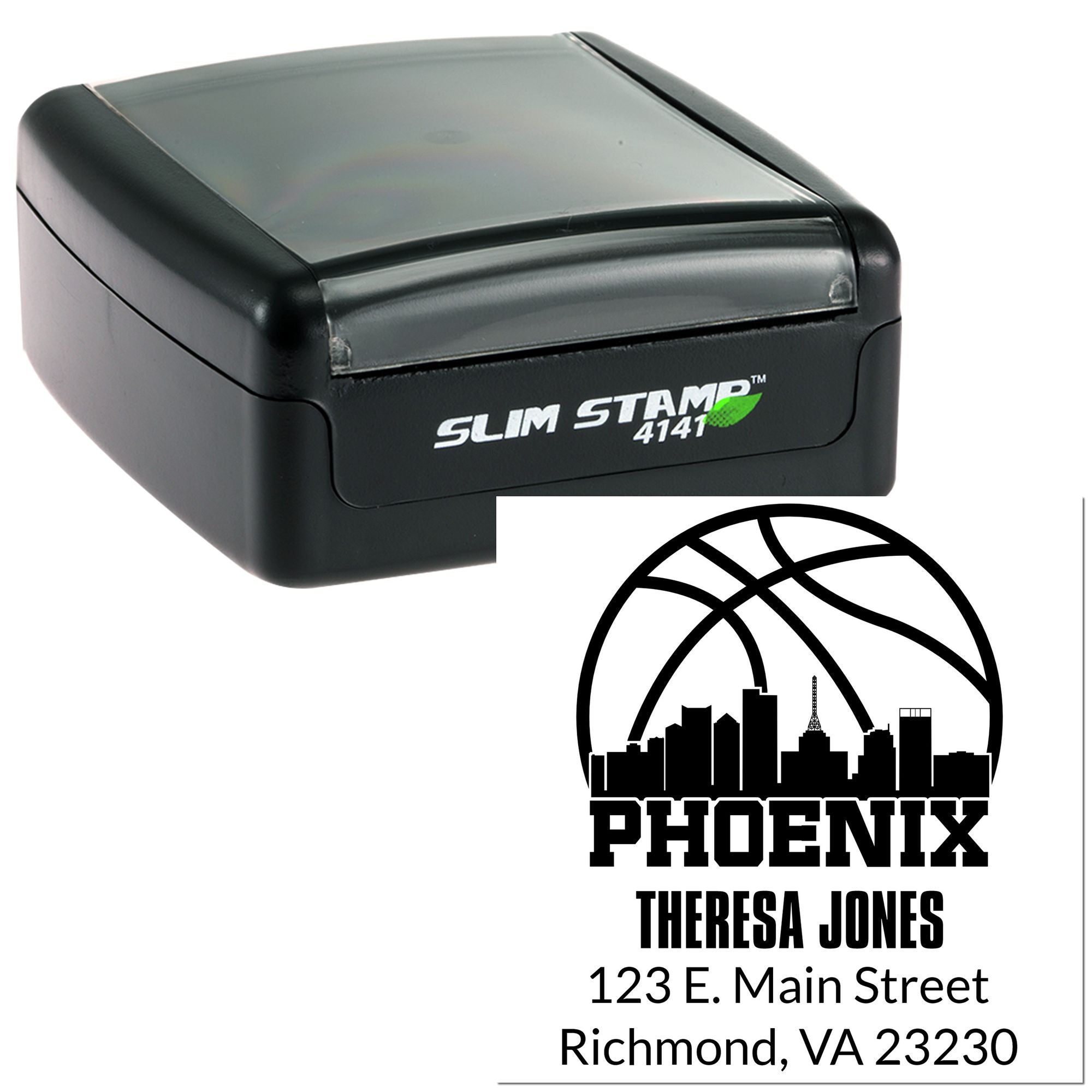 Custom self-inking rubber stamp with Phoenix skyline logo and address for business mailings and branding.