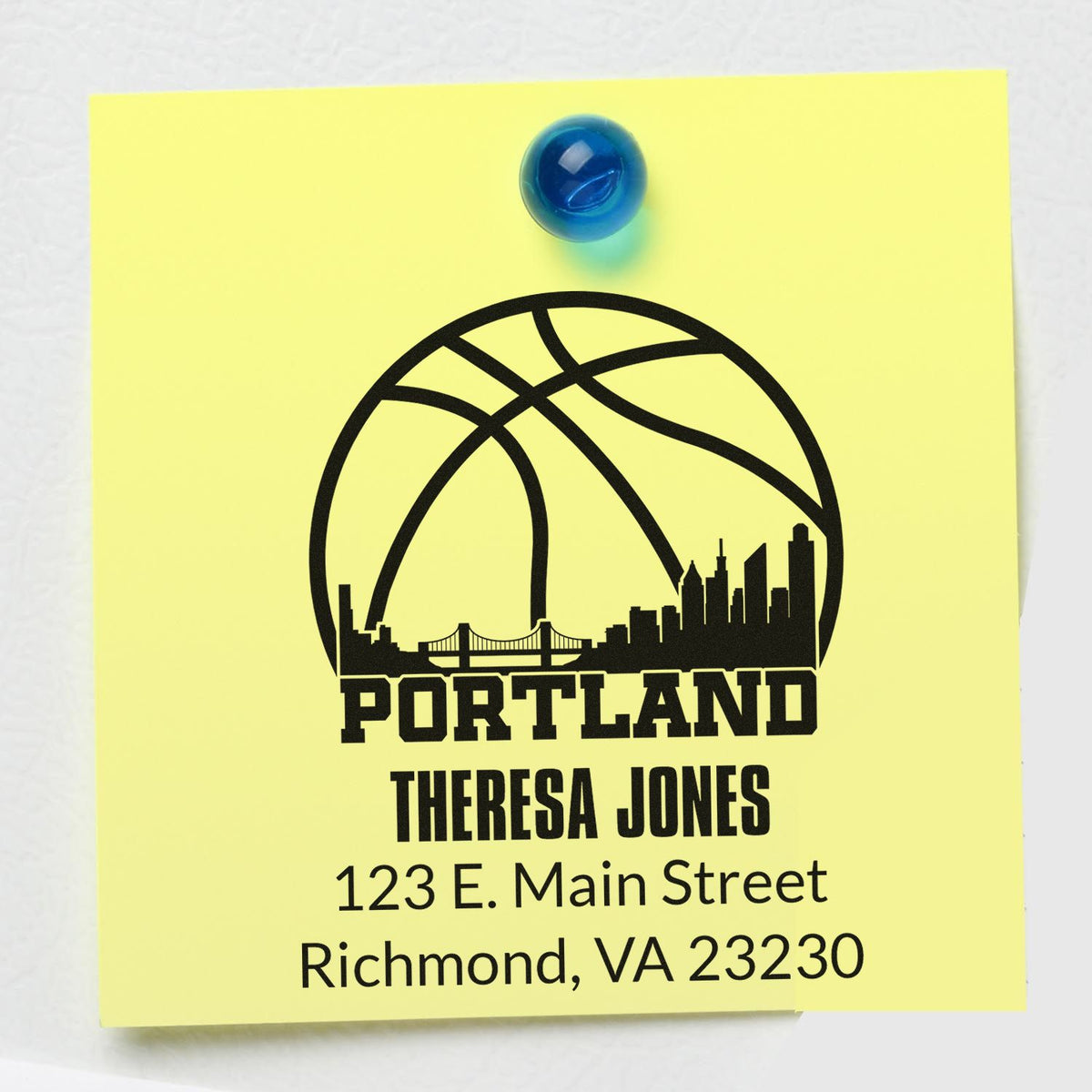 Custom rubber stamp design with Portland basketball skyline and Theresa Jones return address for Richmond, VA.