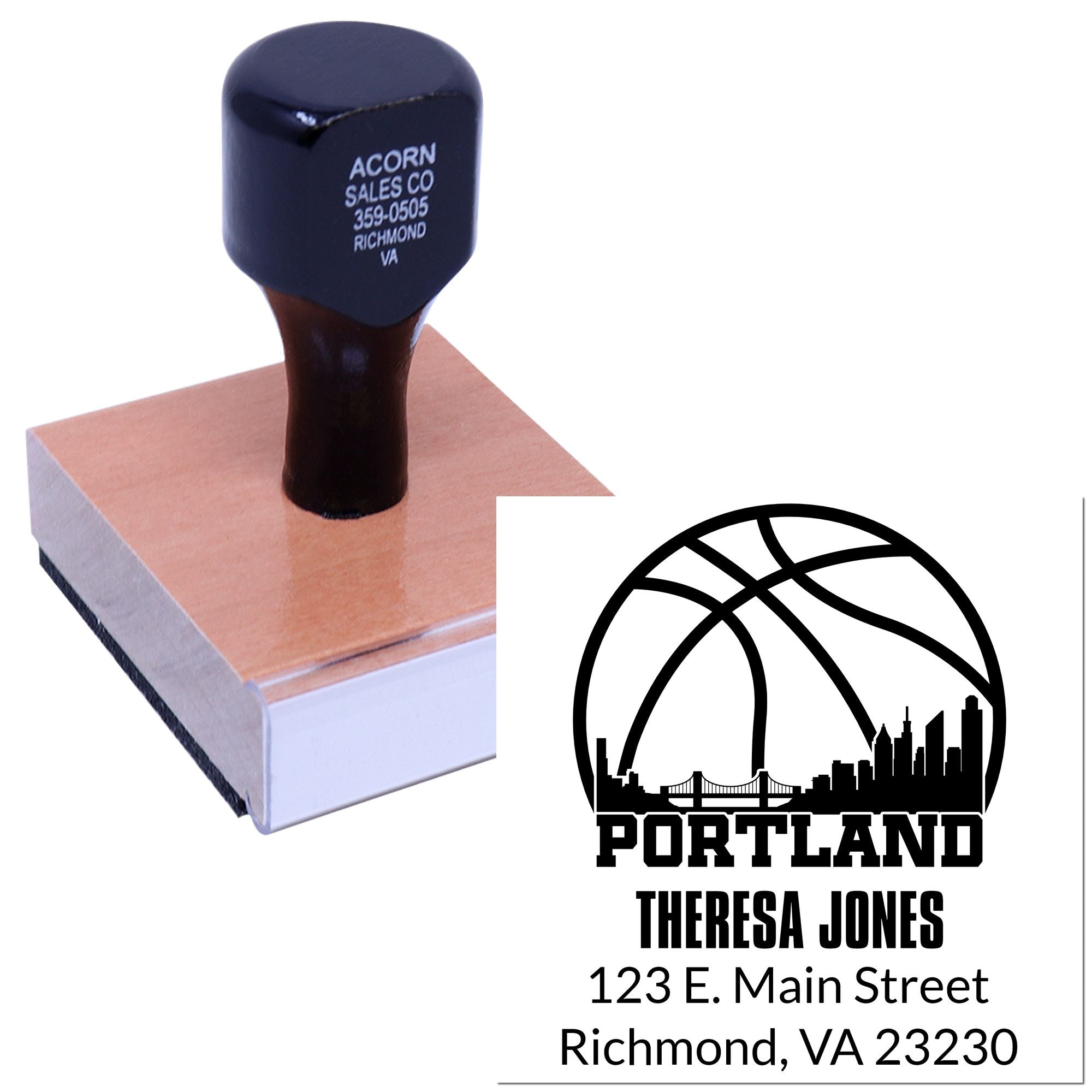 Custom self-inking rubber stamp with Portland skyline, Theresa Jones, and Richmond VA address for business branding.