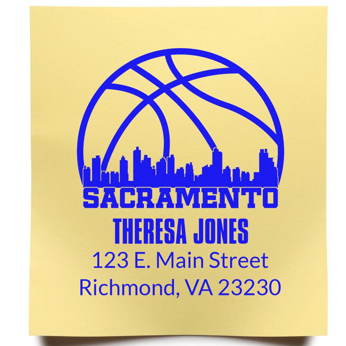 Custom address rubber stamp for Theresa Jones featuring a Sacramento basketball logo and Richmond, VA 23230.