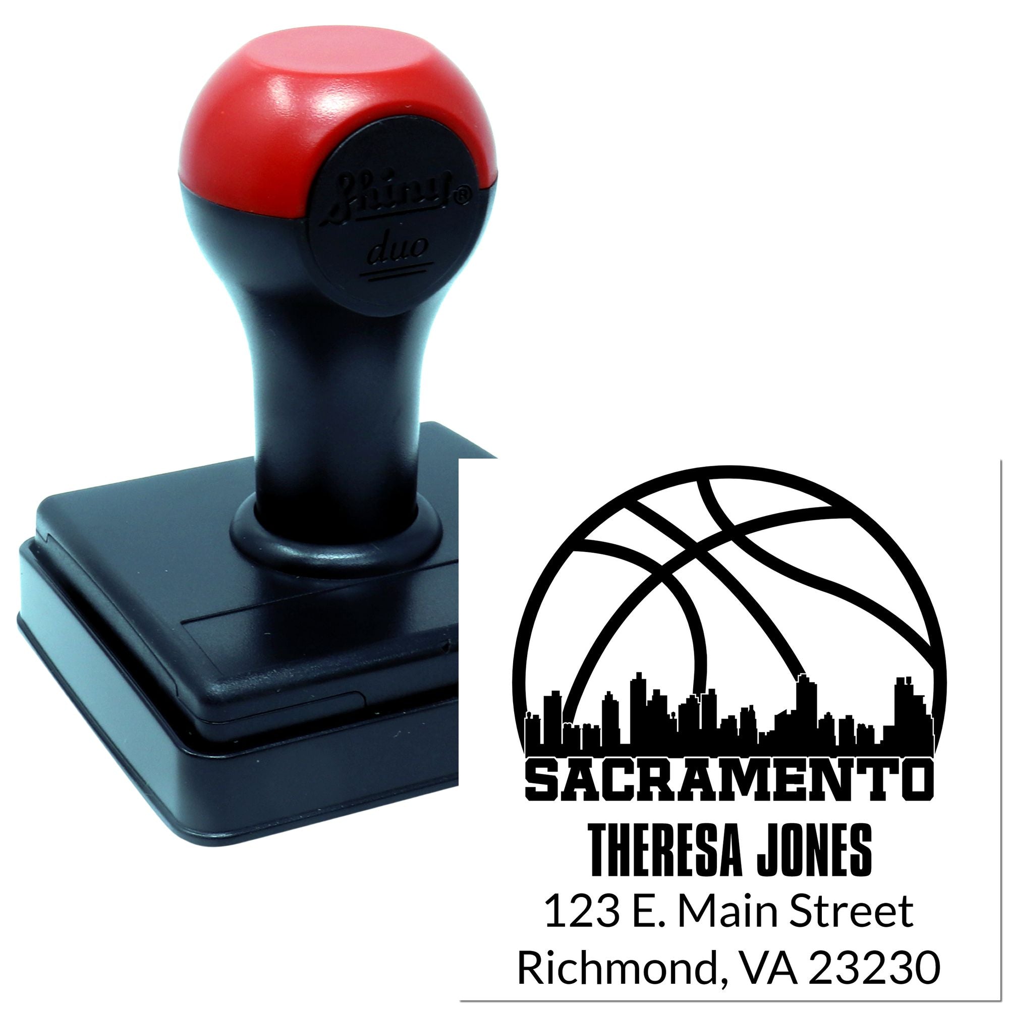 Custom self-inking address rubber stamp with Sacramento basketball skyline design, Theresa Jones name, and Richmond VA address