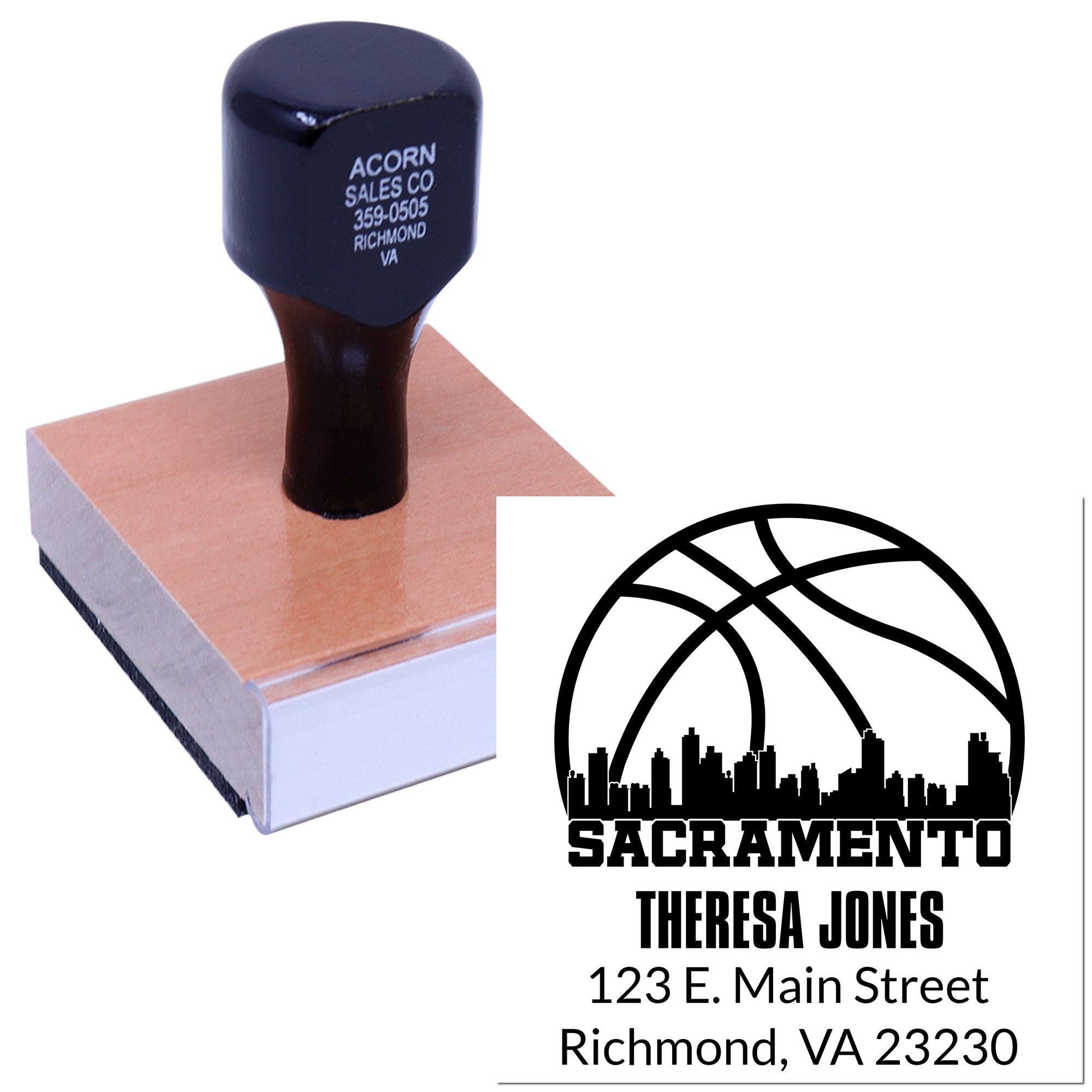 Personalized rubber stamp with Sacramento logo and Theresa Jones address, shown on a stamp block for business branding.