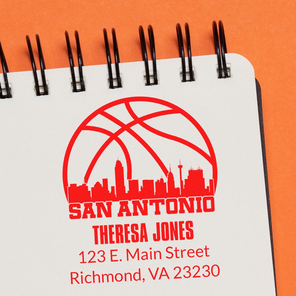 Custom personalized address rubber stamp with San Antonio skyline, Theresa Jones, and Richmond, VA 23230.