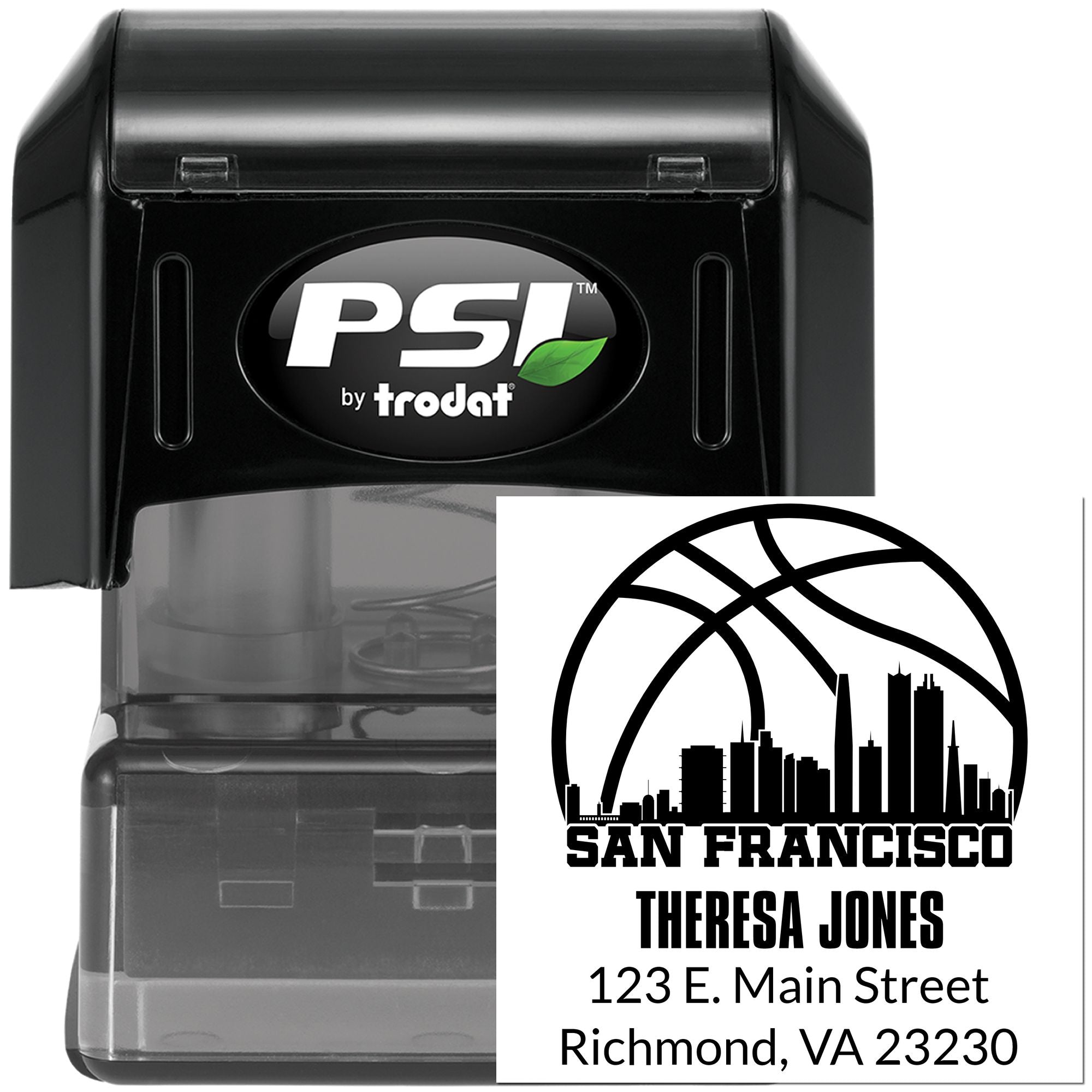 PSI by Trodat self-inking rubber stamp for custom address imprint with San Francisco skyline and Theresa Jones.