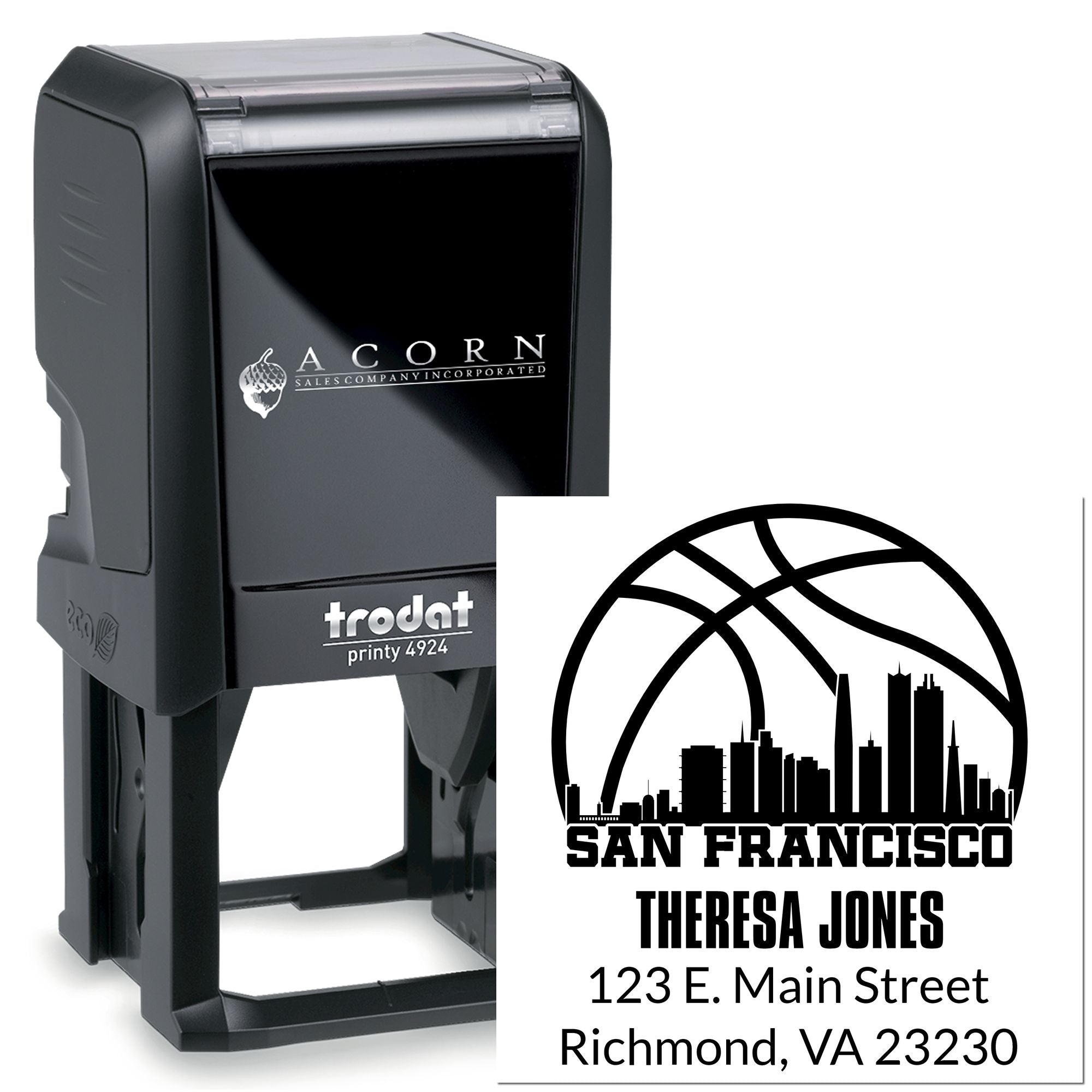 Personalized self-inking rubber stamp with San Francisco skyline and return address for Theresa Jones.